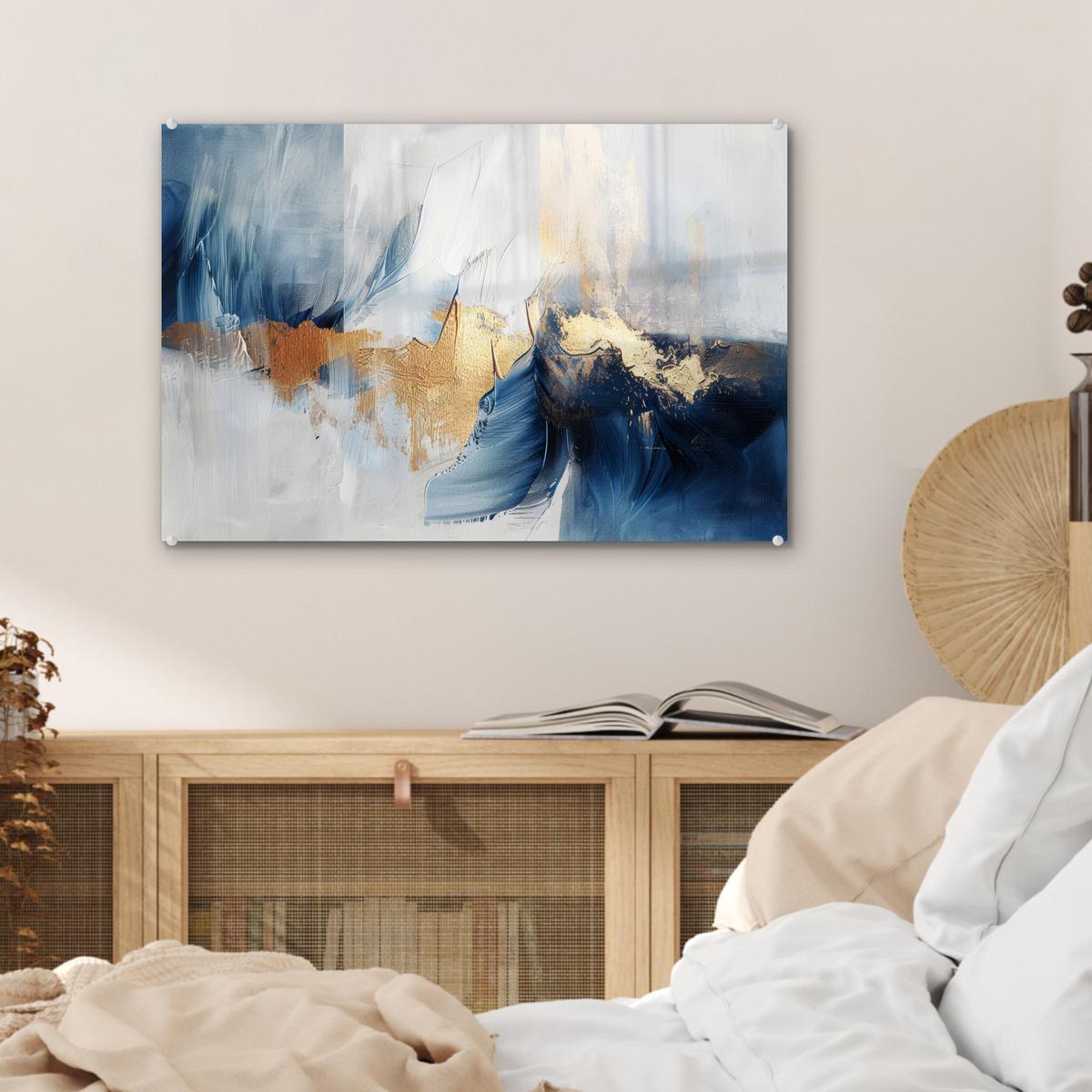 ACRYLGLASBILD Gold - Blau - Aquarell - Kunst - Modern Wanddeko 60x40 cm - Hellblau, Glas (60/40cm) - MuchoWow