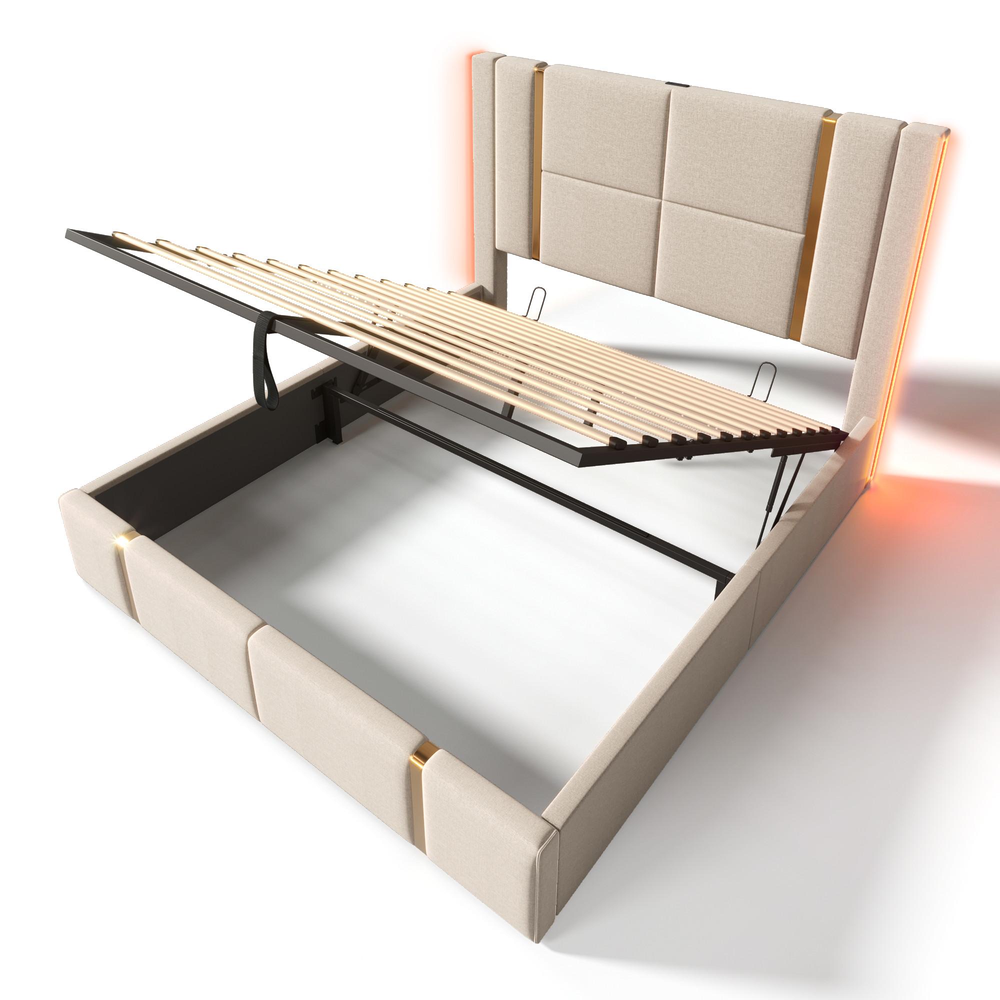 POLSTERBETT Leinen Beige mit LED USB Typ C Stauraum 160×200 cm - Beige, Holzwerkstoff/Textil - Urban Meuble