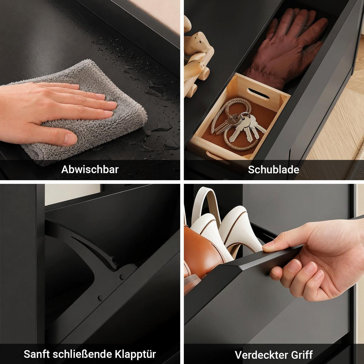 SCHUHKIPPER mit 4 Klappen und 2 Schubladen, Schwarz 98x19x95 cm - Schwarz, Holzwerkstoff (98/95/19cm) - SoBuy