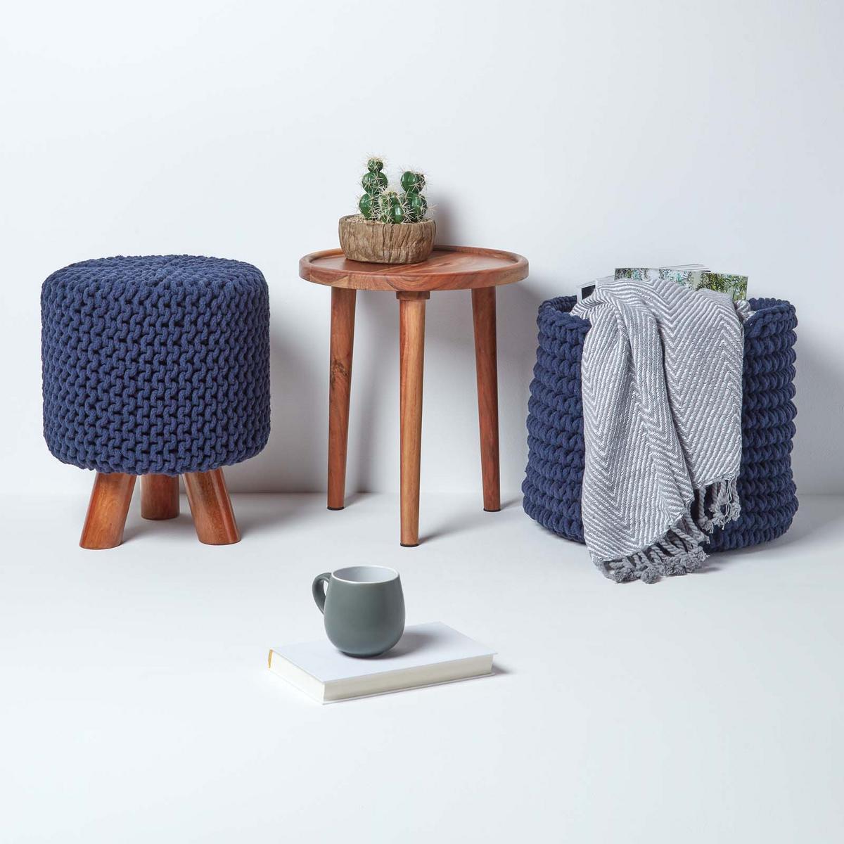 STRICK-HOCKER dunkelblau, Dreibein 32/32/42 cm - Dunkelblau, Textil (32/42/32cm) - Homescapes