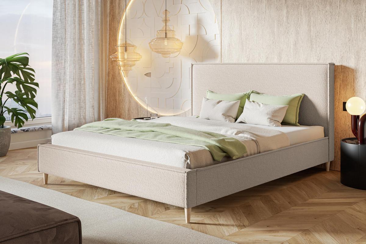 POLSTERBETT LUX RICO mit Kopfteil, 160 x 200 cm, Doppelbett mit Lattenrost aus Holz, Boucle-Stoff Beige, Füße in Farbe: Braun - Beige, Holz/Textil (160/200cm) - Alpi-Möbel