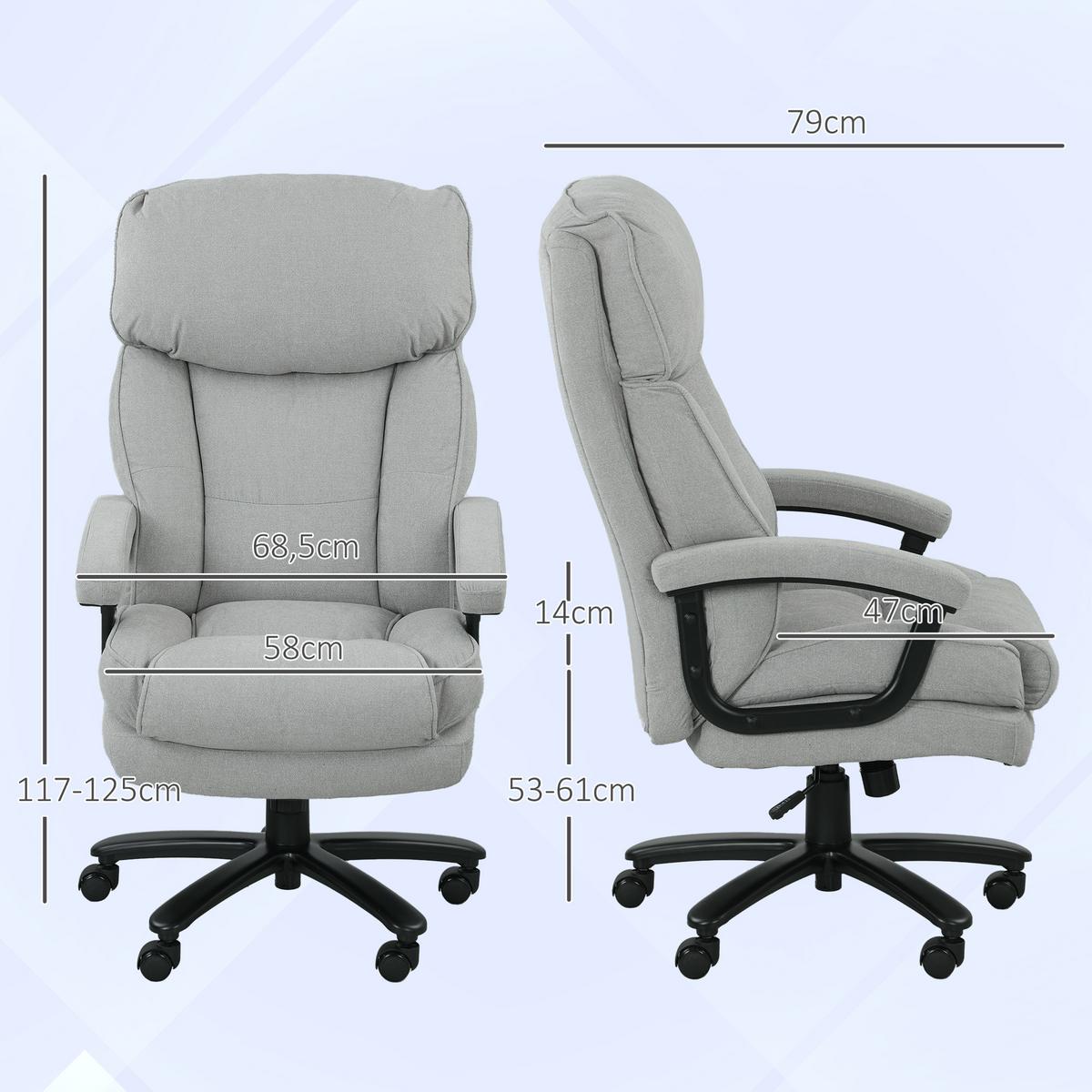 BÜROSTUHL, Ergonomisch Schreibtischstuhl mit Wippfunktion, Leinenoptik, Hellgrau - Hellgrau, Kunststoff (68.5/125/79cm) - HOMCOM