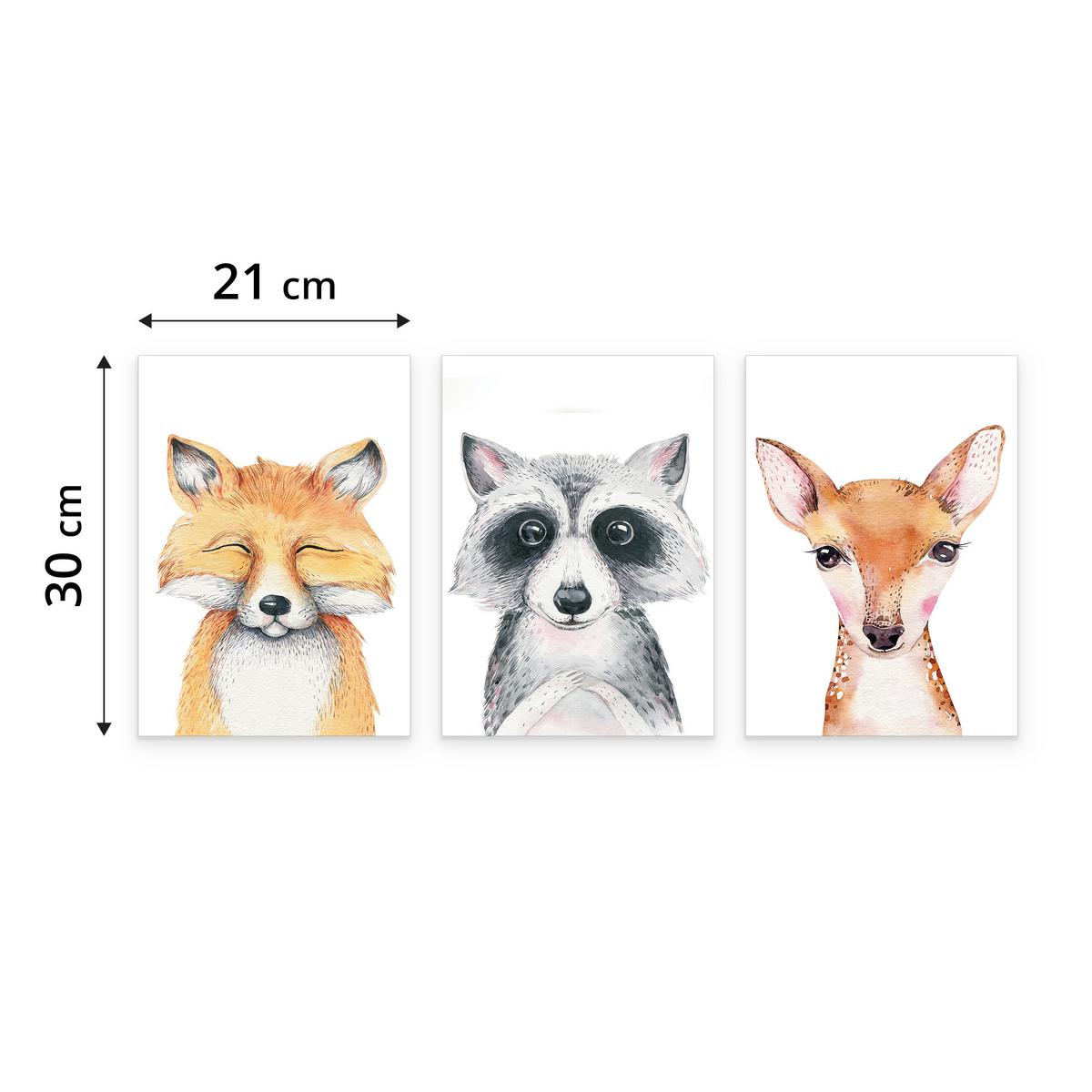 POSTER SET ohne Rahmen für Kinderzimmer WALDTIERE Fuchs Waschbär Reh A4 21x30cm - Beige/Orange, Papier (21/30/1cm) - Muralo