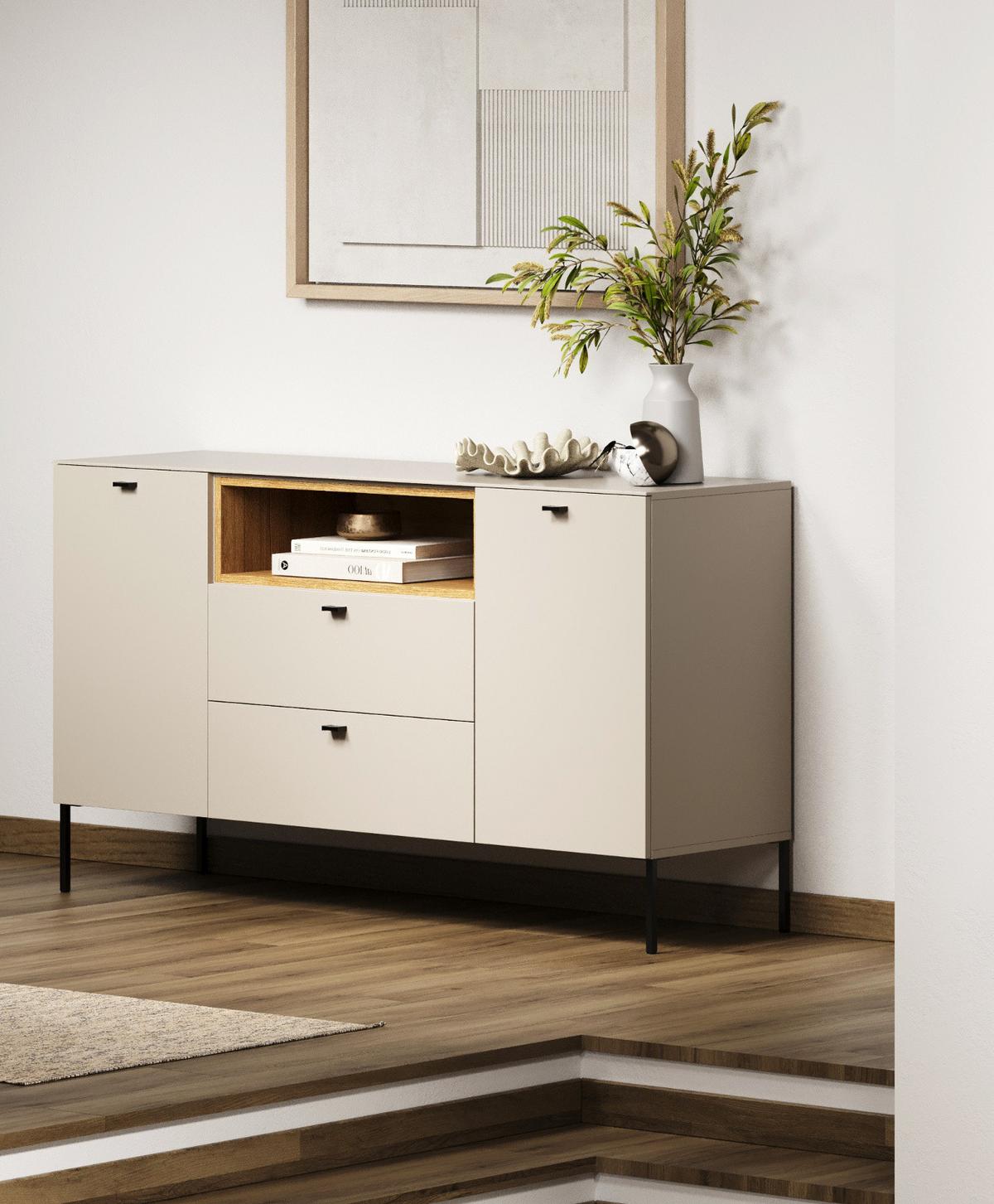 SIDEBOARD Sand, Evoke Eiche 154 cm, Kommode mit Soft-Close - Sandfarben/Kaschmir, Holzwerkstoff/Metall (154/85/42cm) - Top.Furn