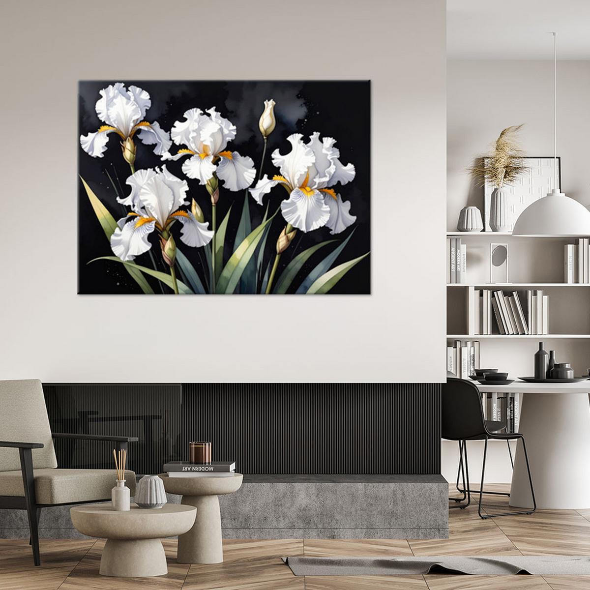 LEINWANDBILDER, Weiße Irisblüten auf schwarzem Hintergrund - Weiß, Textil (30/20cm) - Feeby