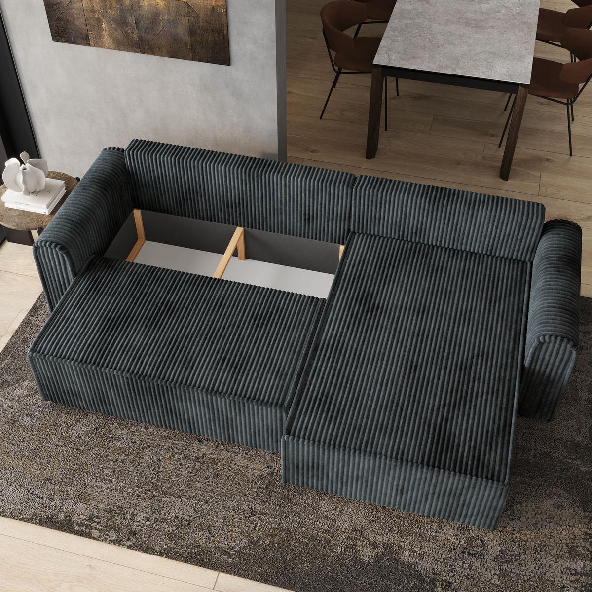 ECKSOFA VALTINO Grau Kordstoff mit Schlaffunktion - Grau, Holz (275/148cm) - MASSENO
