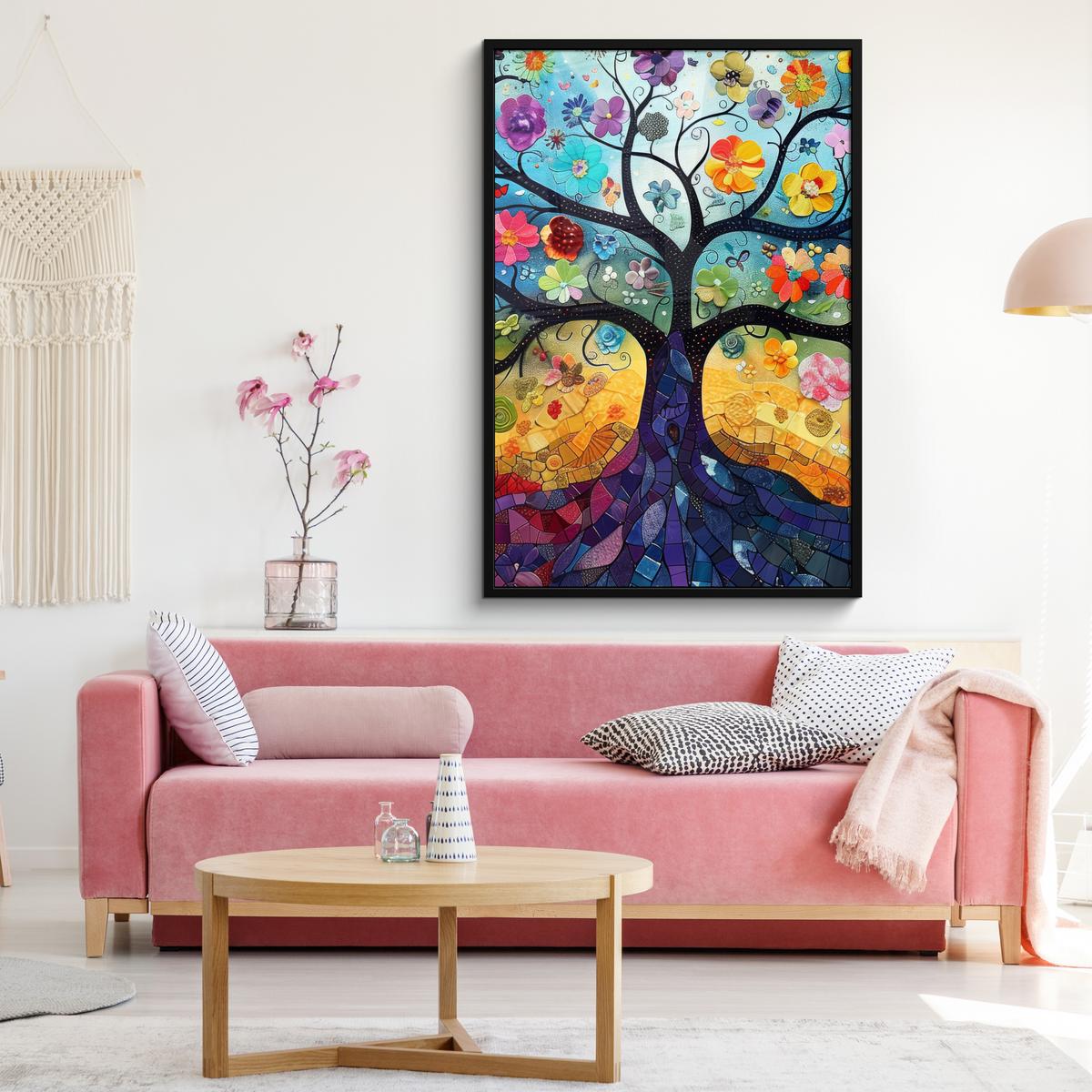 POSTER MIT RAHMEN Kunst - Baum des Lebens - Blumen - Hippie Bilderleiste 80x120 cm - Dunkelblau, Papier (80/120cm) - MuchoWow