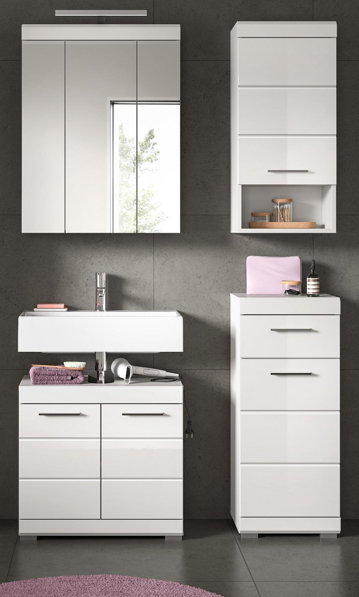 BADMÖBEL-SET weiß Hochglanz 4-teilig 112 x 191 cm, Komplettset mit viel Stauraum - Weiß Hochglanz, Glas/Holzwerkstoff (112/191/34cm) - Inn.Furn
