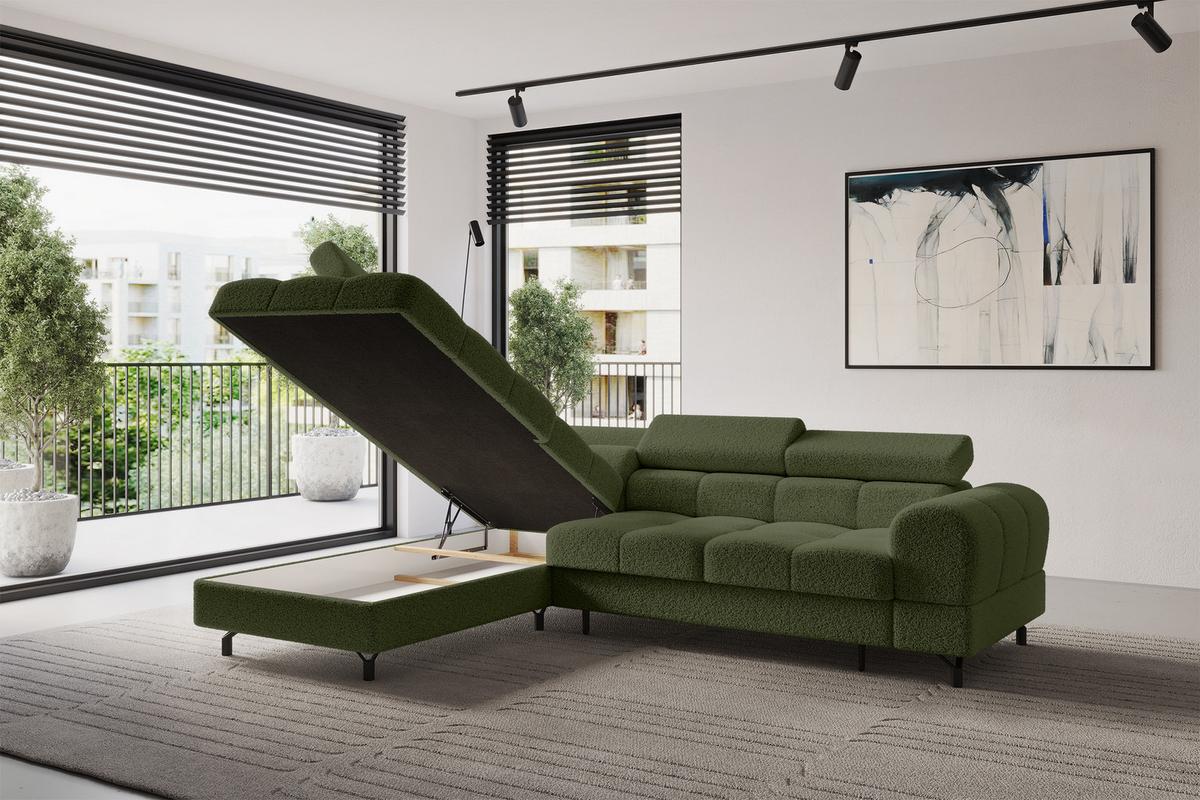 ECKSOFA mit Schlaffunktion Ottomane Links LUMA-L 272x203x70 Grün Bouclé - Smaragdgrün/Schwarz, Holzwerkstoff/Kunststoff (272/203cm) - ALTDECOR