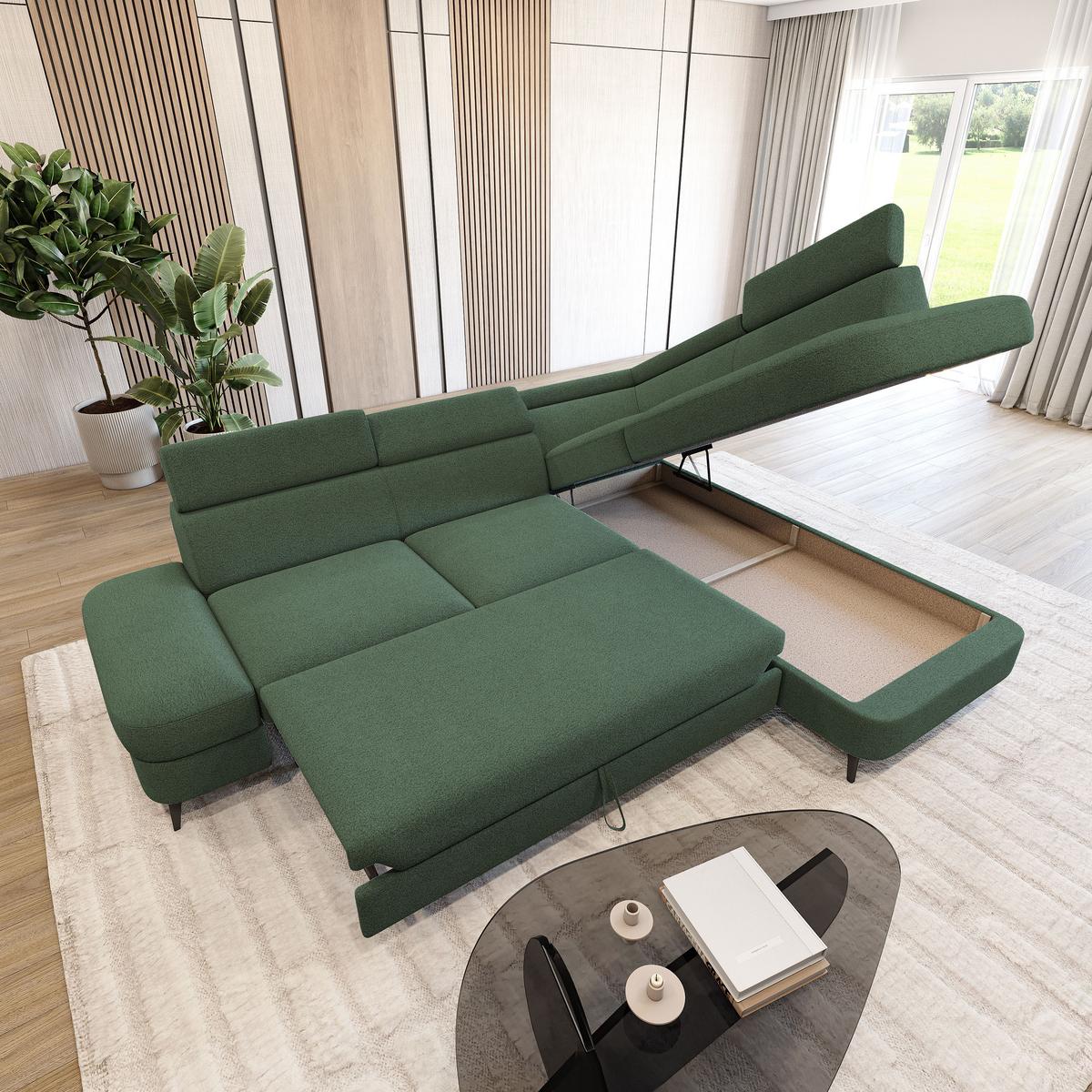 ECKSOFA AVISE Q R-S Grün Boucle-Stoff mit Schlaffunktion - Grün, Holzwerkstoff/Textil (268/195cm) - MASSENO