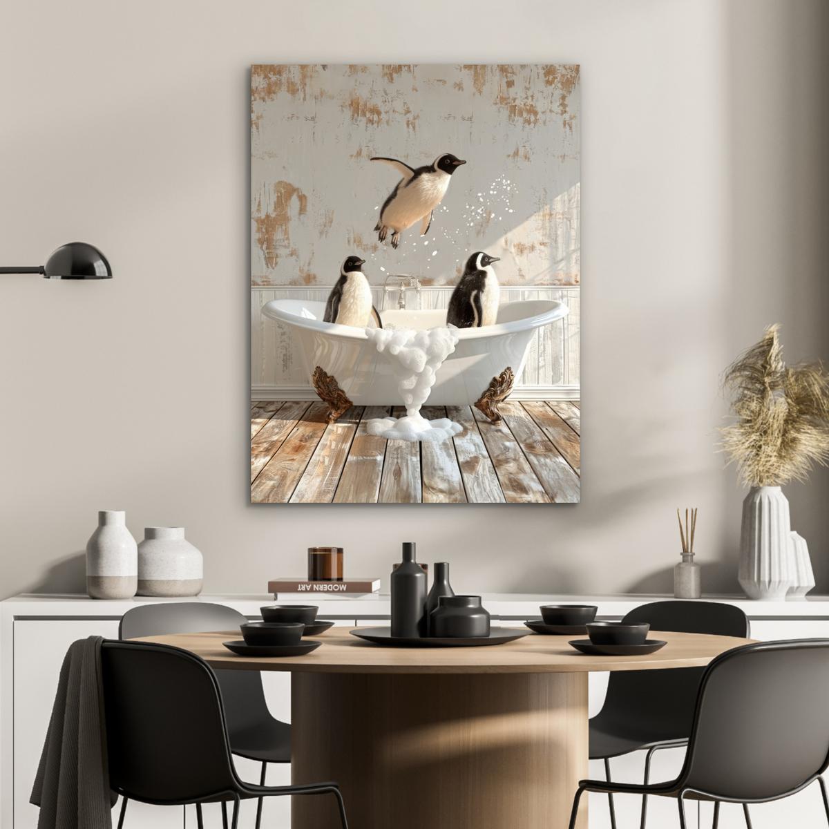 METALLBILD Vintage - Pinguin - Badewanne - Schaumstoff 60x80 cm - Schwarz, Metall (60/80cm) - MuchoWow