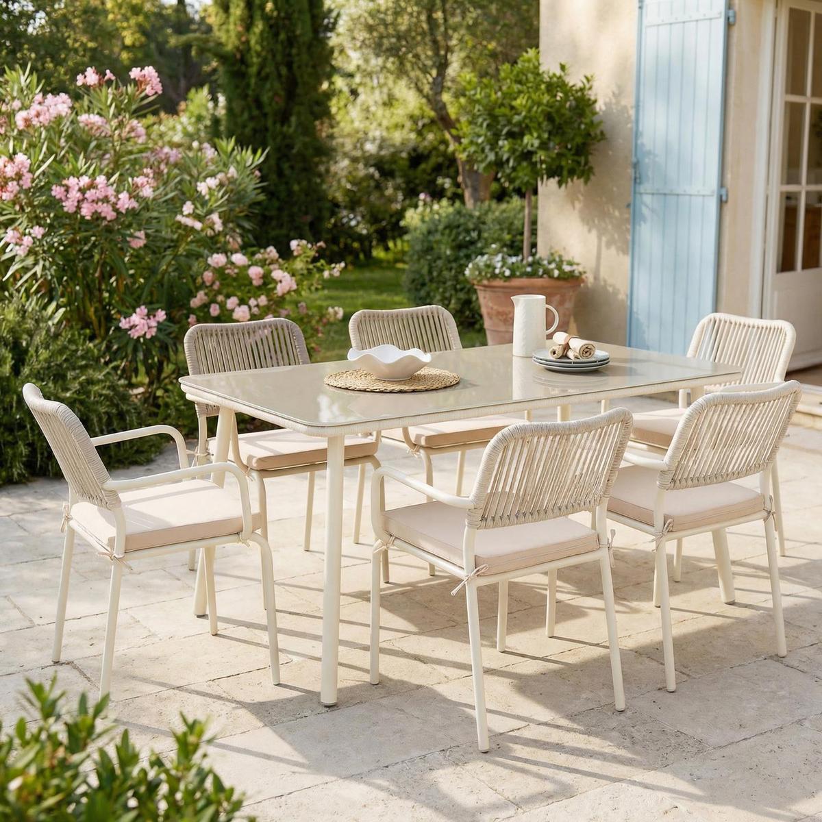 GARTENMÖBEL SET VOLONTE 7er Set beige, cremeweiß - Beige, Glas/Metall - IDIMEX