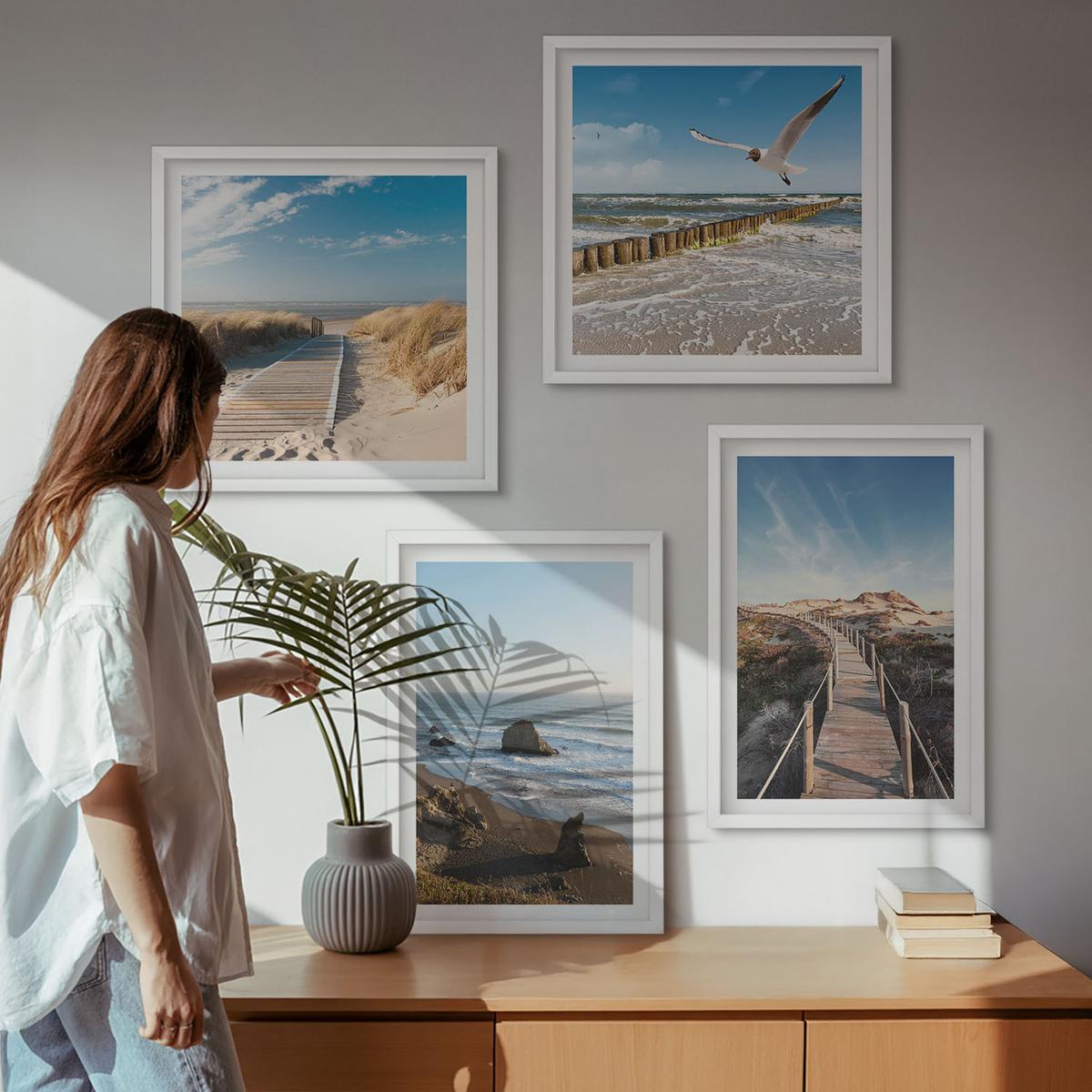 BILDER SET 4er Set - 50x50 cm & 40x60 cm Weißer Rahmen - Strandwellen, Himmelsbrücke, Spaziergang - Weiß, Kunststoff (50/50cm) - TULUP