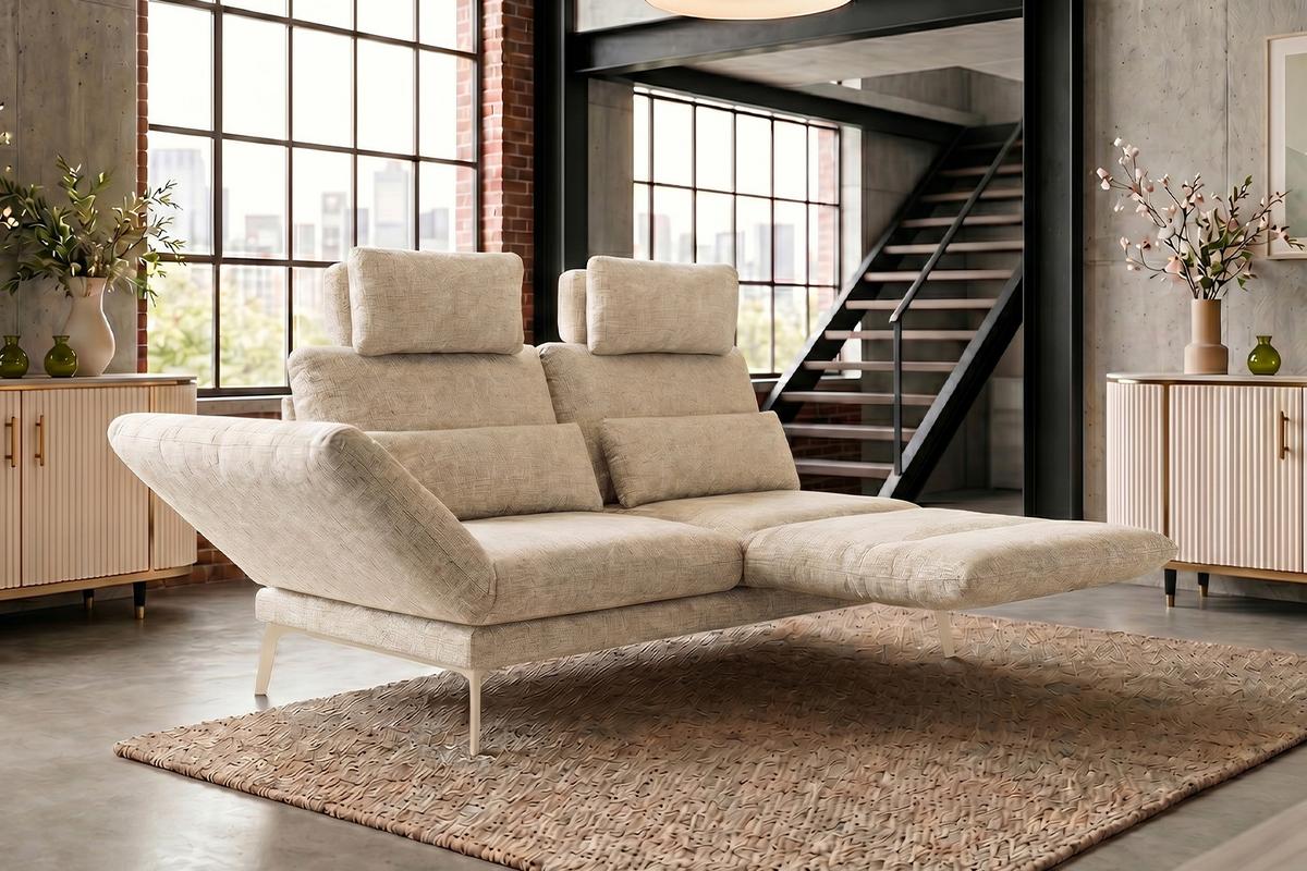 SOFA HOLLY Weiß Flachgewebe - Weiß/Braun, Textil/Metall (176/90/92cm) - KAWOLA