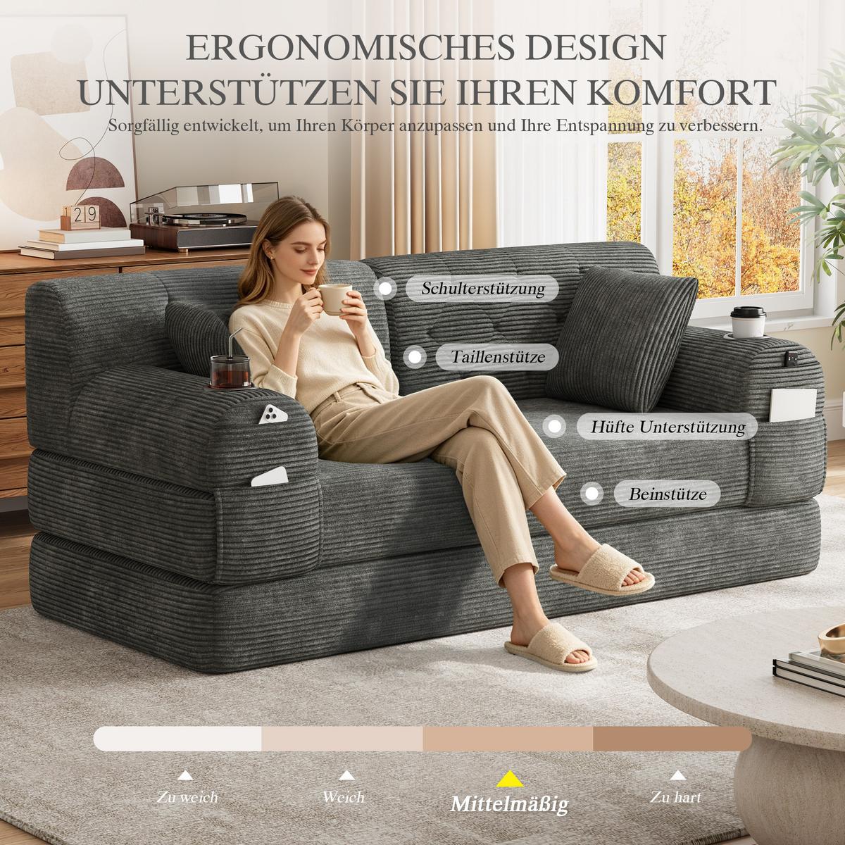 SCHLAFSOFA 2-Sitzer Cord mit Schlaffunktion, Getränkehalter & Taschen - Dunkelgrau, Textil (168/81/80cm) - Urban Meuble