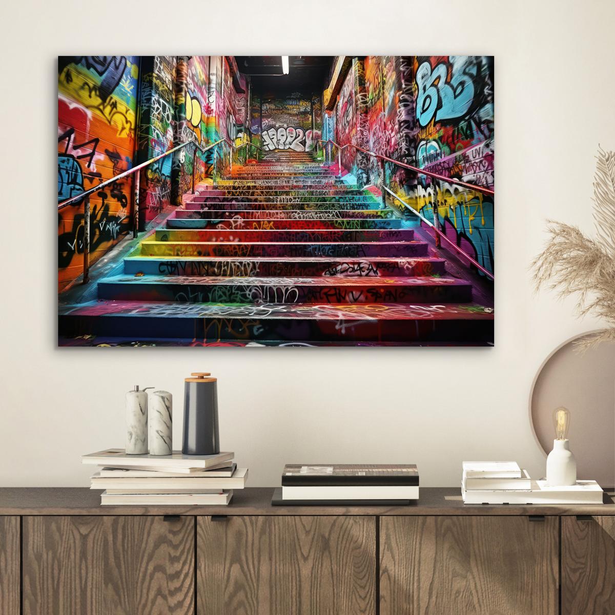 METALLBILD Treppe - Graffiti - Farben - Kunst Wandbild 60x40 cm - Multicolor, Metall (60/40cm) - MuchoWow