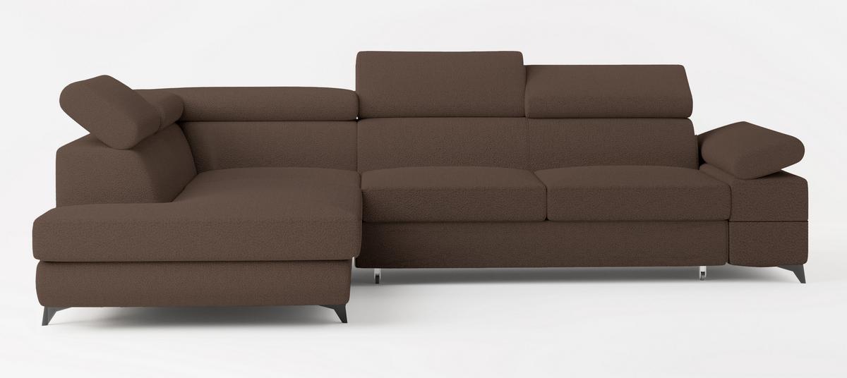 ECKSOFA FAVIEN L-S Braun Boucle-Stoff mit Schlaffunktion - Braun, Holz (257/190cm) - MASSENO