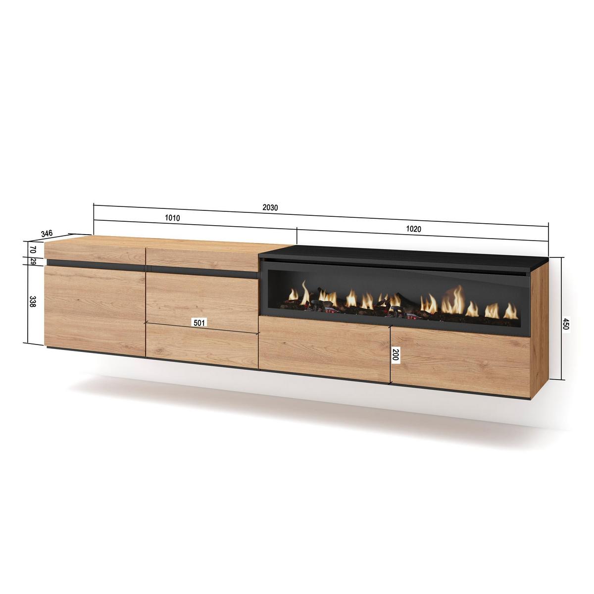 LOWBOARD mit Elektrokamin, Hängend, Eiche, Schwarz, 200/35/45cm - Naturfarben, Holzwerkstoff (200/45/35cm) - Skraut Home