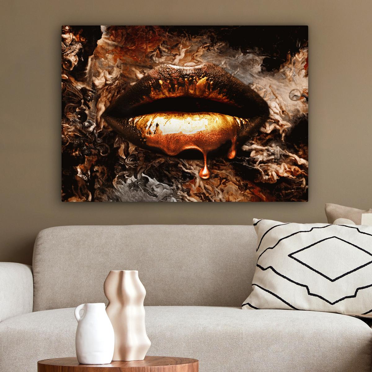 LEINWANDBILD Gold - Lippen - Kunst - Gold - Luxus - Abstrakt Wandbilder 80x60 cm - Kupferfarben, Textil (80/60cm) - MuchoWow