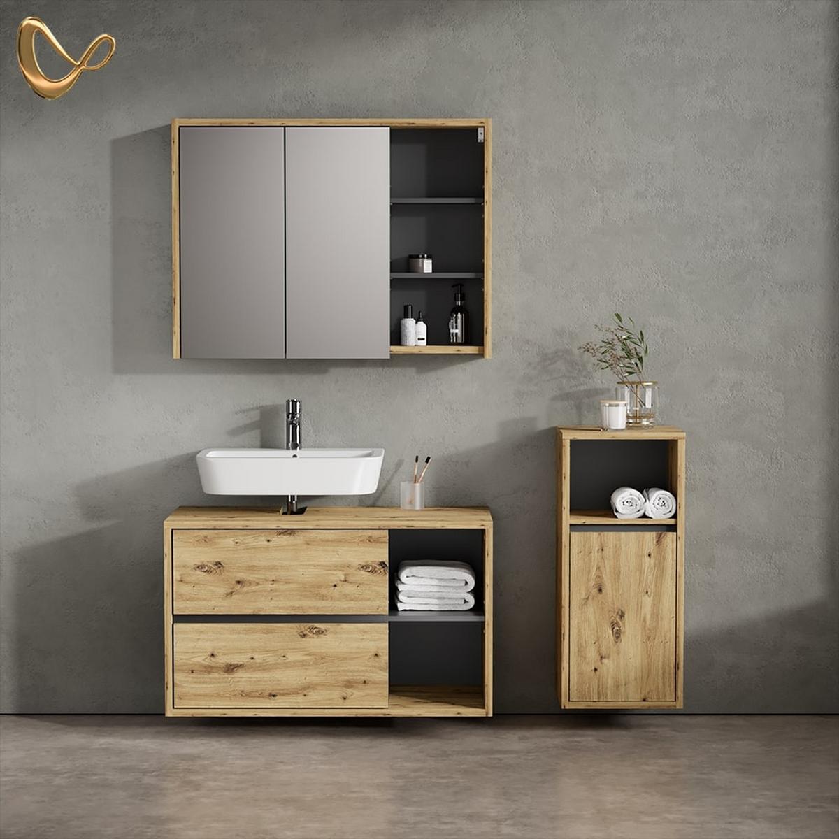 BADMÖBEL-SET Vomano Braun 3 Teile, mit Midischrank - Braun, Holzwerkstoff (45/100/60cm) - Livinity®