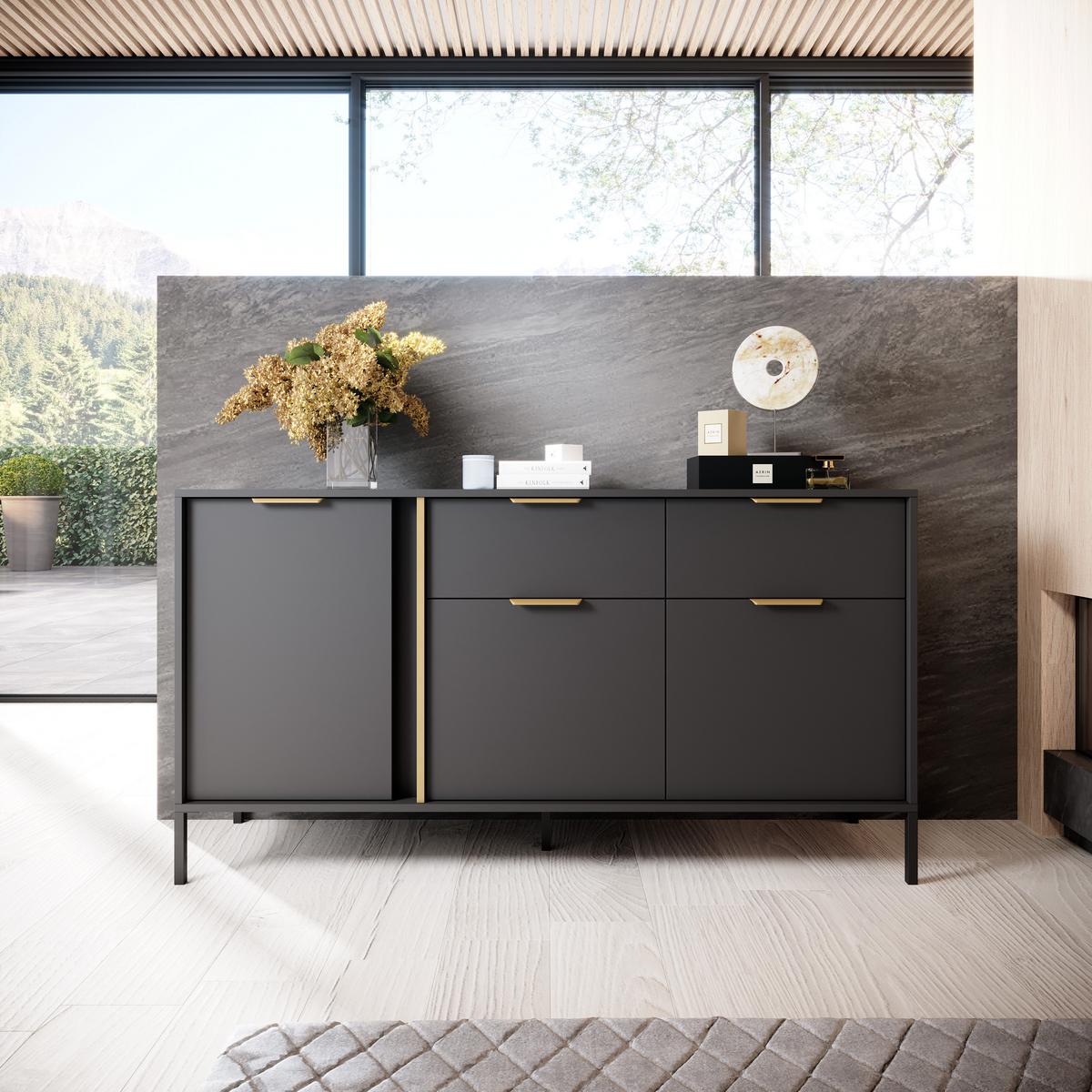 SIDEBOARD Catanian 3T 2S Grau 153,1/81,4/39,5 cm – mit goldenen Griffen und schwarzen Beinen - Schwarz/Grau, Holzwerkstoff/Metall (153/81.4/39.5cm) - AX Living