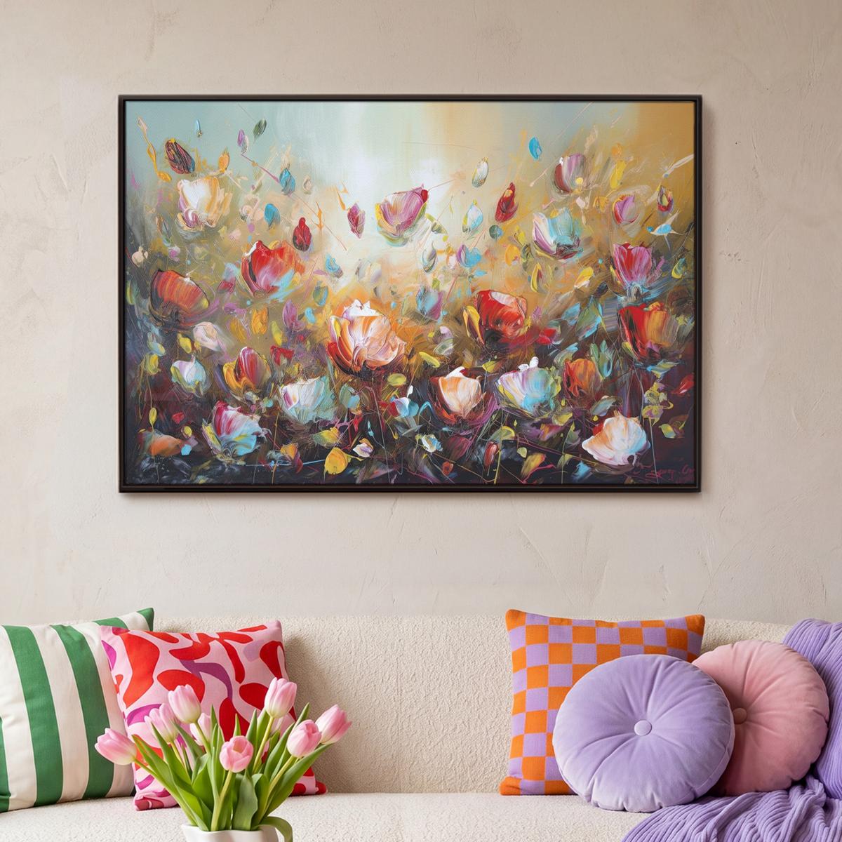 LEINWAND Bilder mit Rahmen - Blumen - Kunst - Natur - Ölgemälde - 90x60 - Multicolor, Textil (90/60cm) - MuchoWow