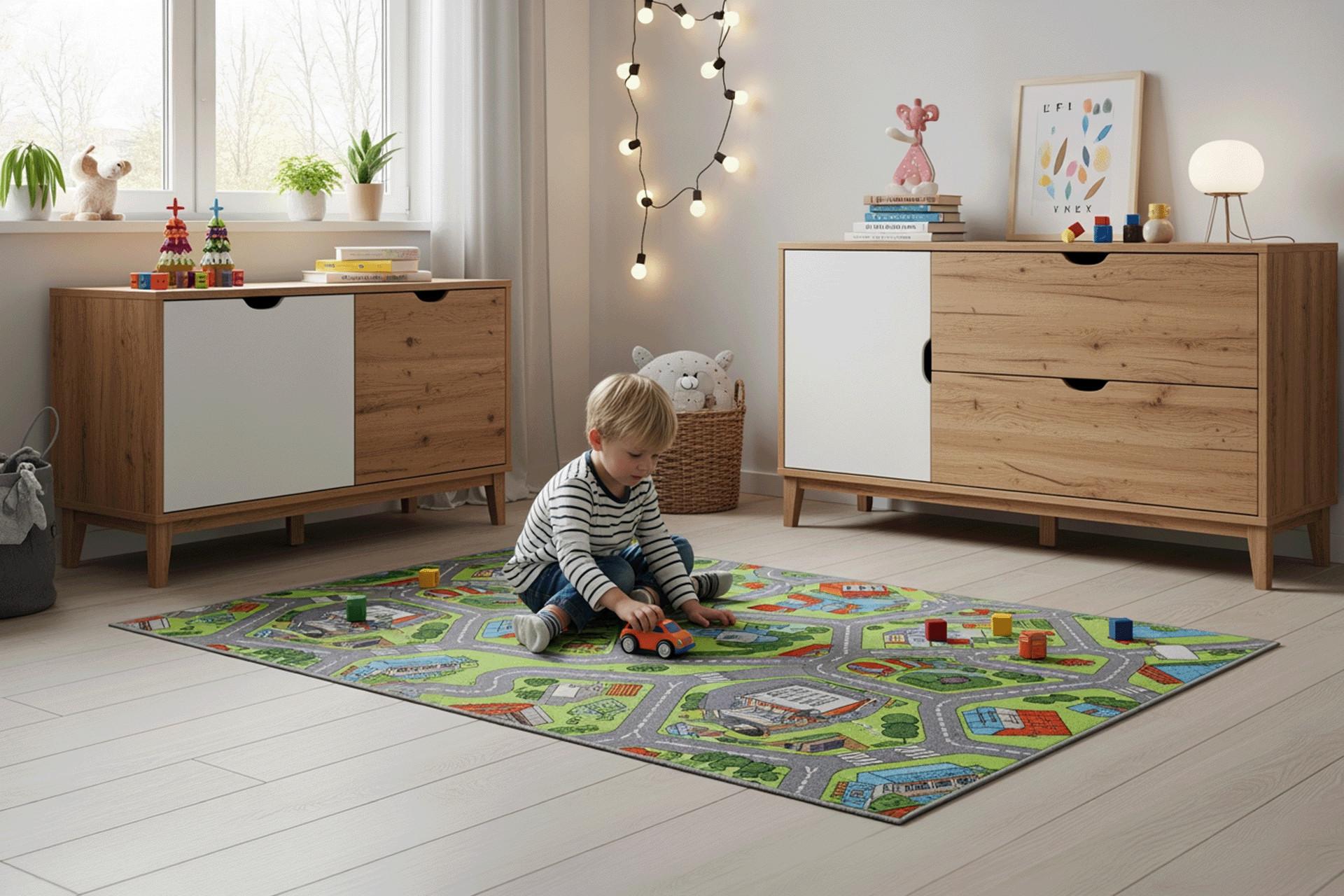 Gyerekszobában egy kisfiú játszik egy kisautóval egy színes, város- és úthálózat mintás gyerekszőnyegen.