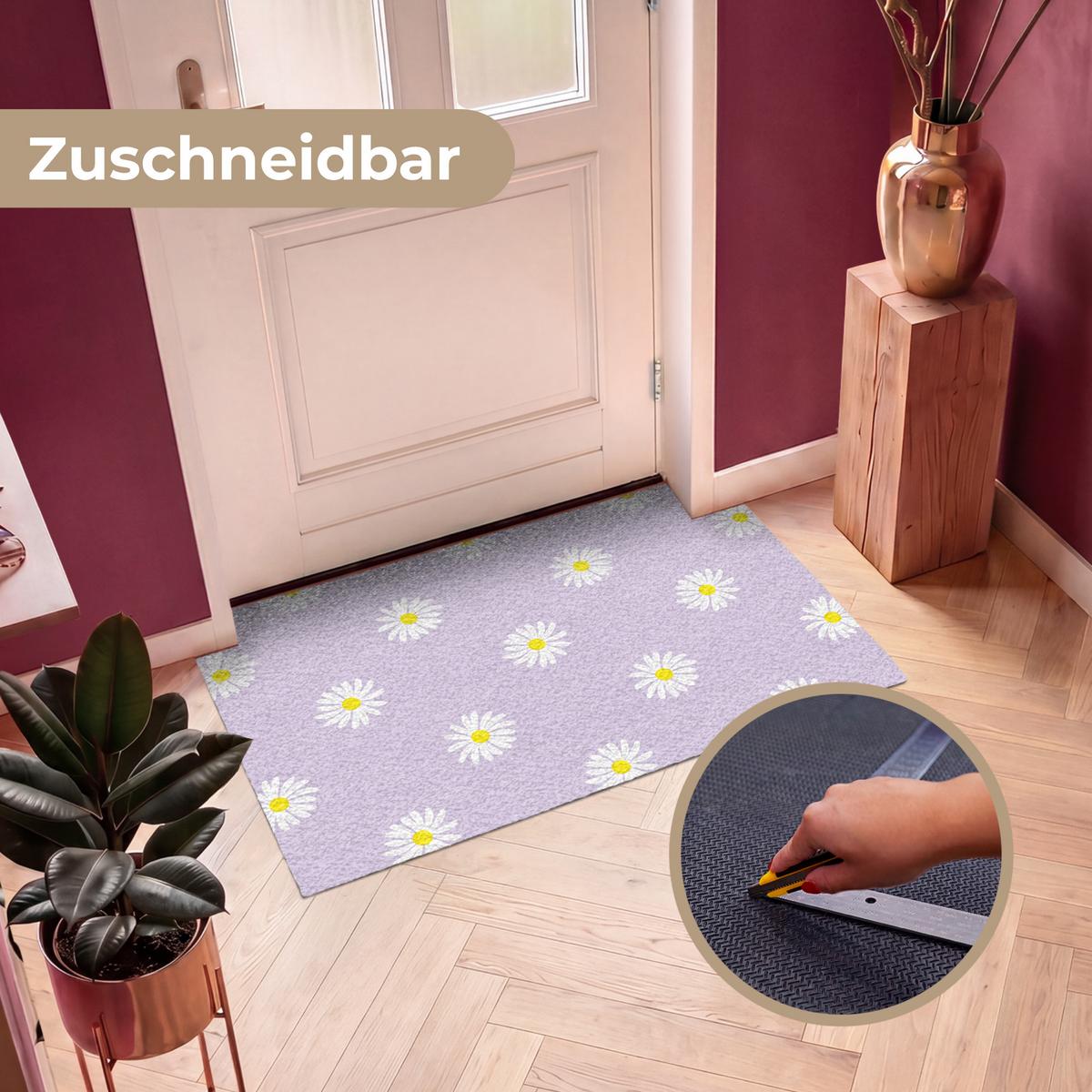 FUSSMATTE Gänseblümchen - Pastell - Weiß - Lila - Blumen Sauberlaufmatte 120x80 cm - Flieder, Kunststoff (120/0.4cm) - MuchoWow