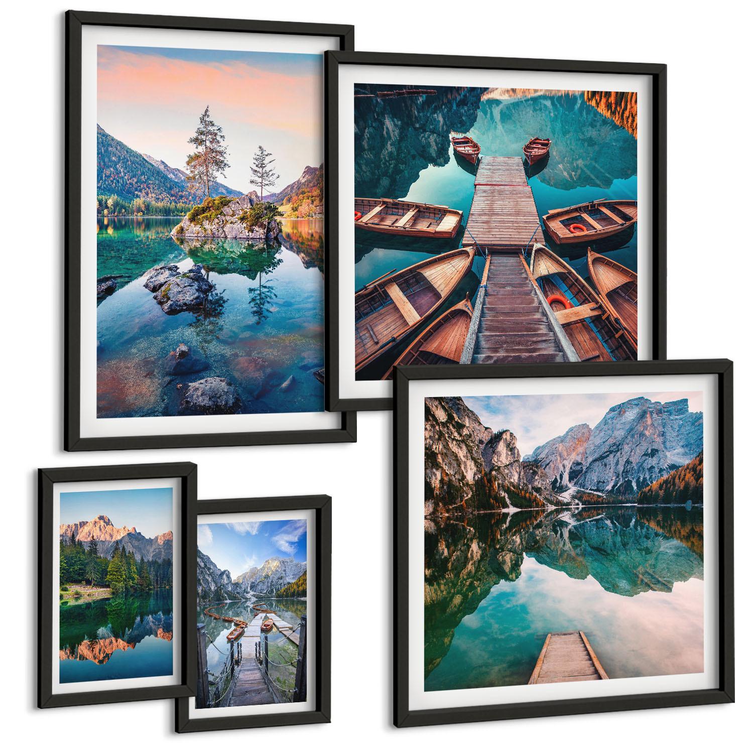 BILDER SET 5er Set - 50x50 cm & 20x30 cm & 40x60 cm Schwarzer Rahmen - Pfad Wald Wasserfall Vegetation - Schwarz, Kunststoff (40/60cm) - TULUP