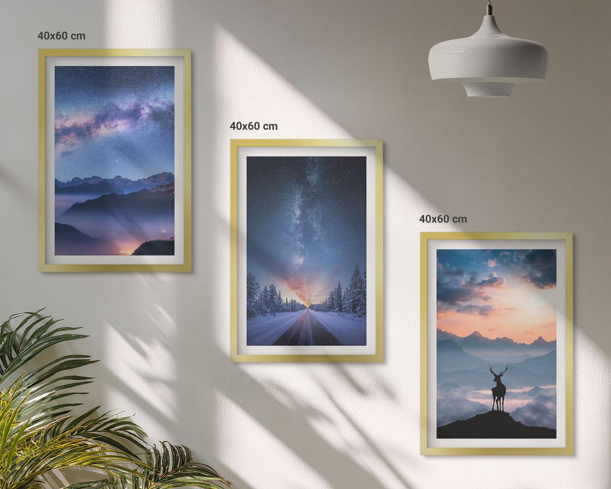 BILDER SET 3er Set - 40x60 cm Goldrahmen - Nachthimmel Berge Nebel Hirsch - Goldfarben, Kunststoff (40/60cm) - TULUP