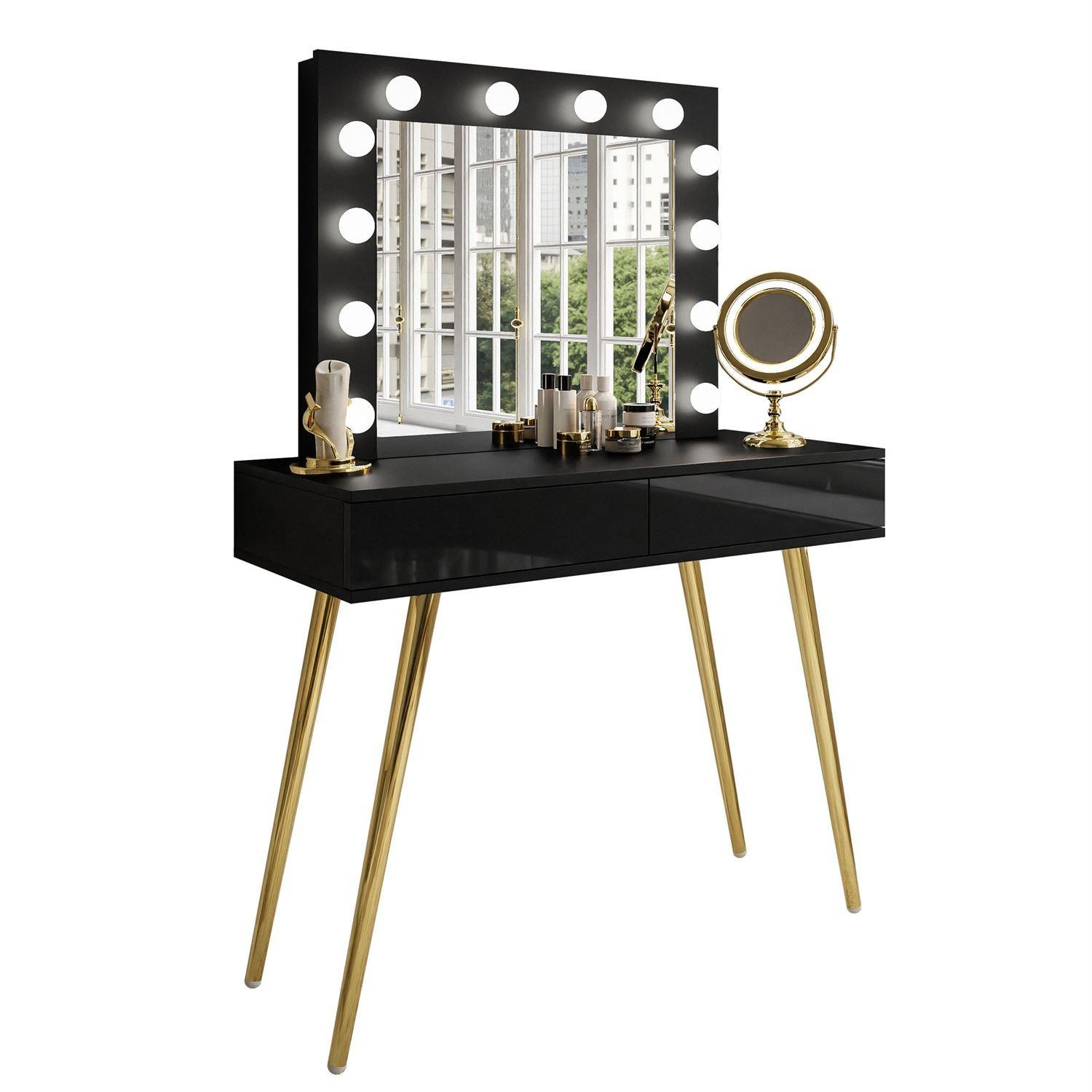 SCHMINKTISCH SIENNA GOLD mit Schubladen auf goldenen Beinen PUSH OPEN - Schwarz Hochglanz/Goldfarben, Holzwerkstoff (100/81/42cm)