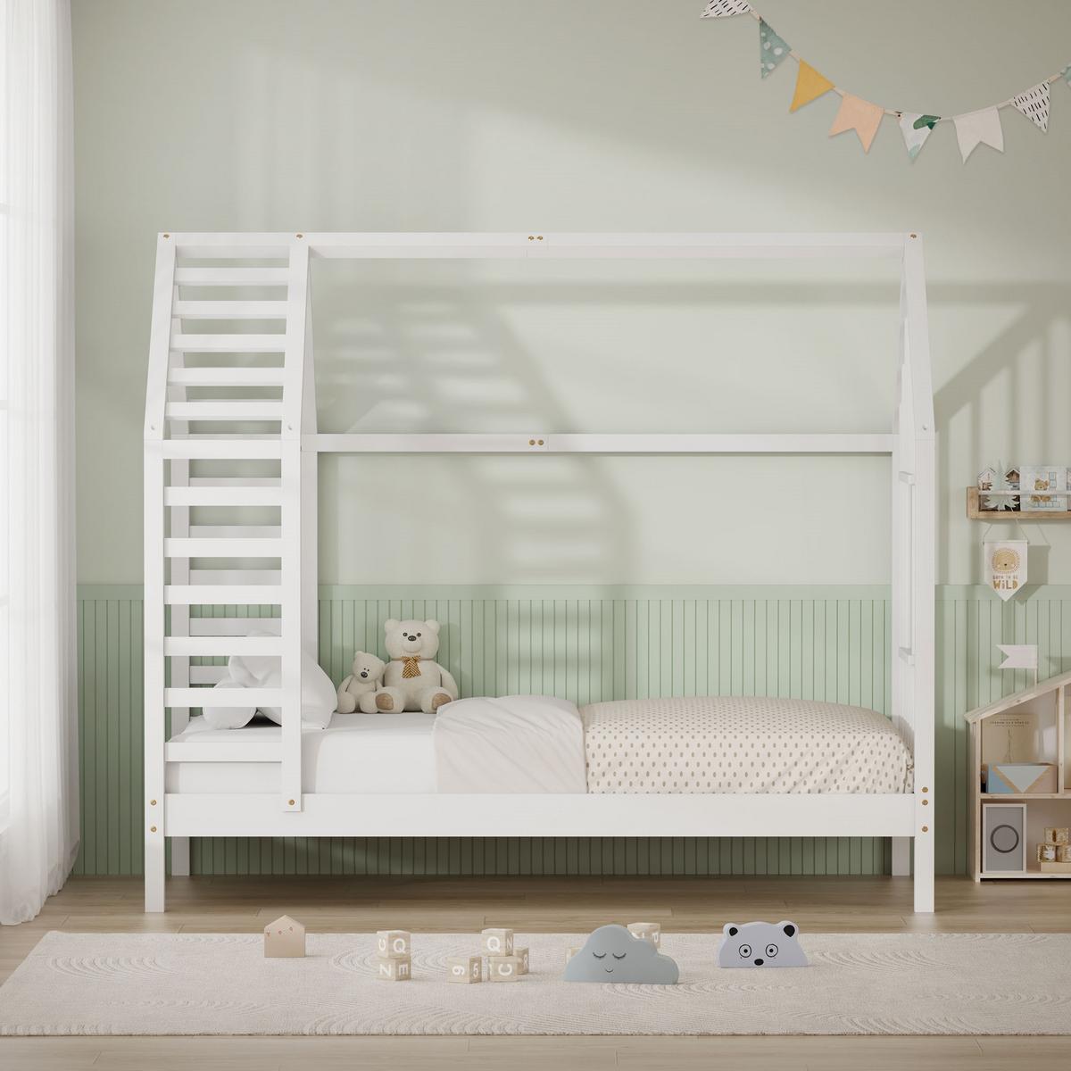KINDERBETT 80x160 cm mit Lattenrost Dach und Fenster Hausbett aus massivem Kiefernholz Weiß - Weiß, Holz (80/160cm) - ML-DESIGN