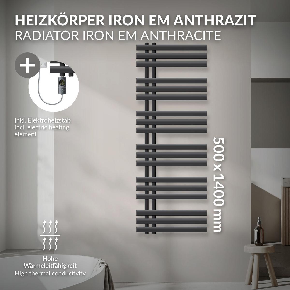 BADHEIZKÖRPER elektrisch Iron EM 500x1400 mm Anthrazit mit Heizstab 1200W Digital - Anthrazit, Metall (50/140/4cm) - LuxeBath