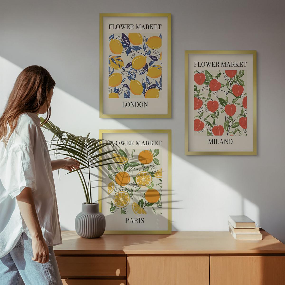 BILDER SET 3er Set - 40x60 cm Goldrahmen - Blumenplakate in Städten - Goldfarben, Kunststoff (40/60cm) - TULUP