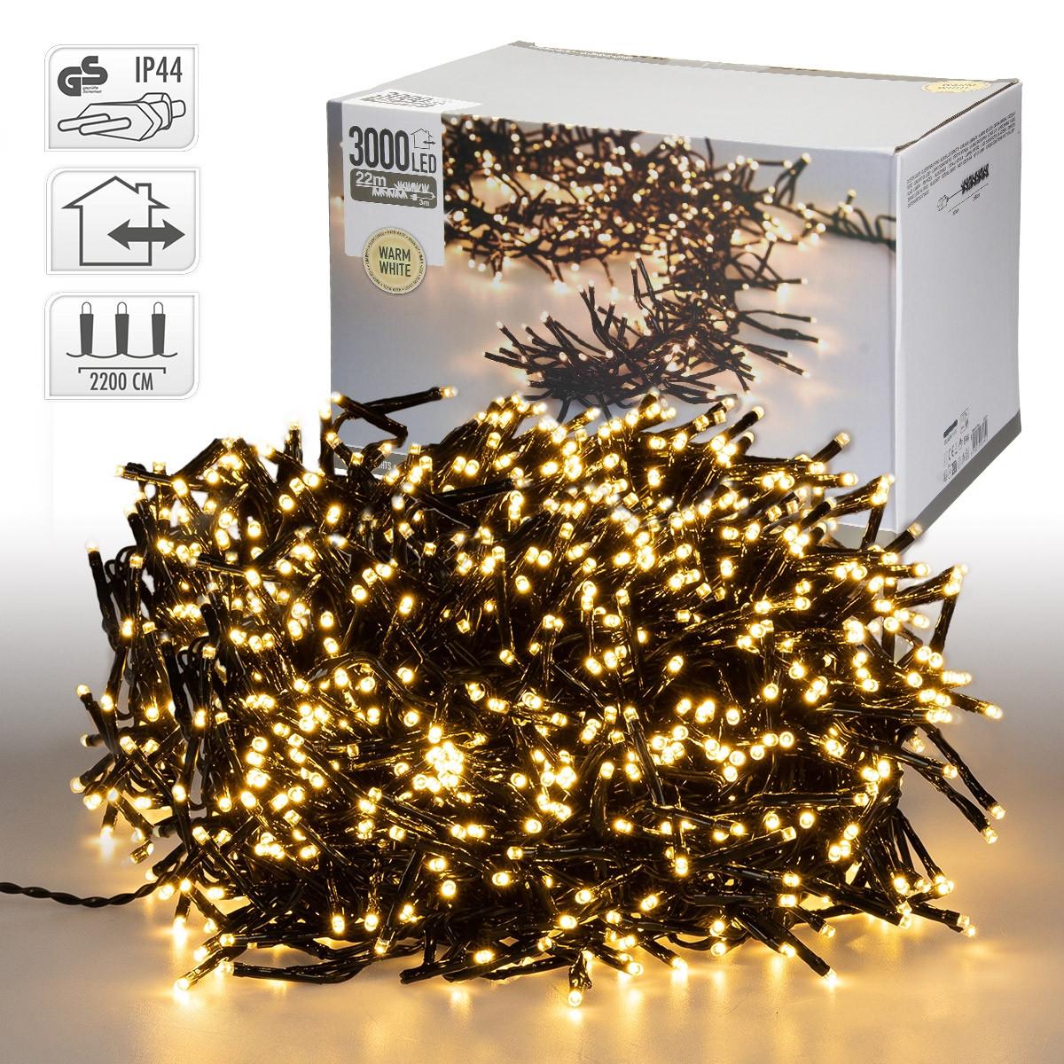 LED CLUSTER LICHTERKETTE 22m 3000 LEDs Warmweiß Wetterfest Innen/Außen - Schwarz, Kunststoff (2500cm) - ECD-Germany