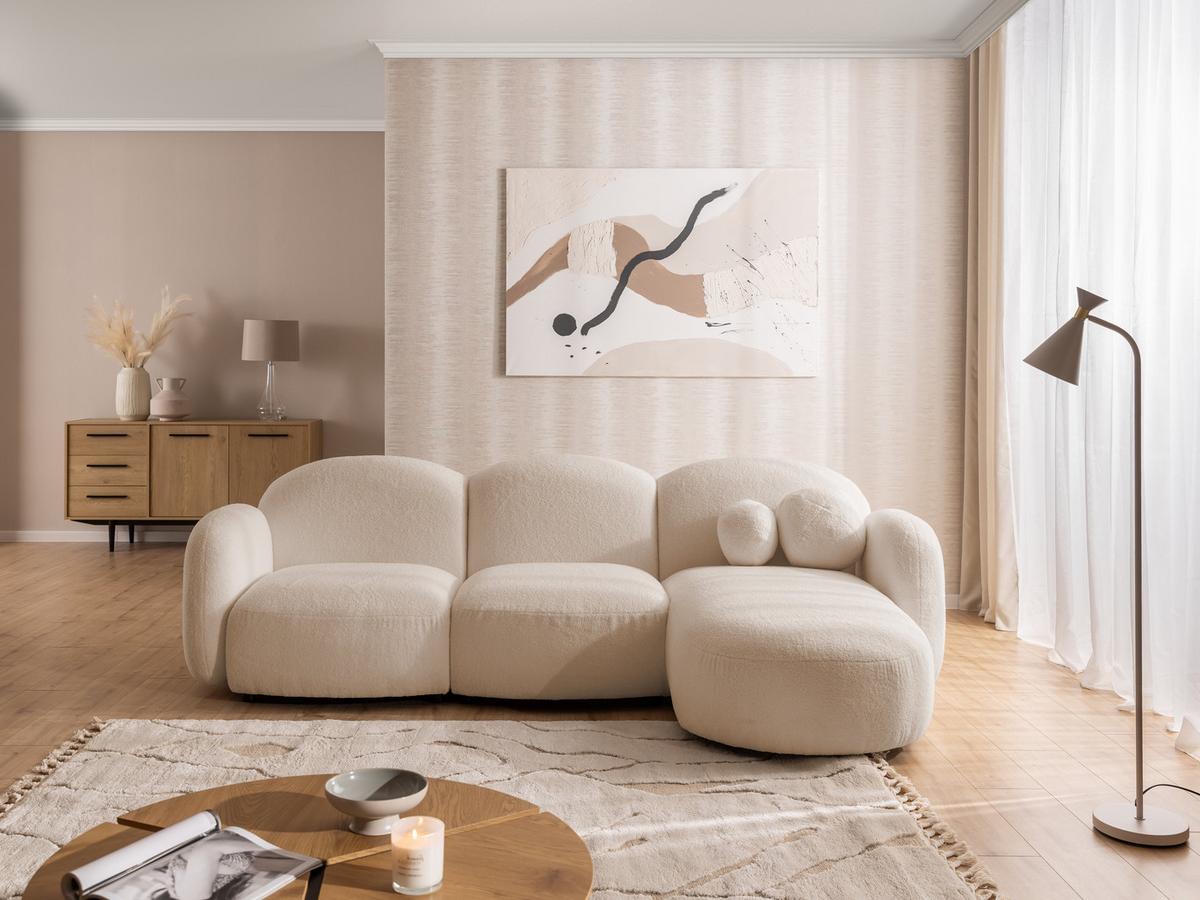 ECKSOFA Nuvola mit abgerundetem Design Hellbeige Bouclé-Stoff - Ottomane Rechts - Beige/Schwarz, Holz/Kunststoff (268/146cm) - S-Style Möbel