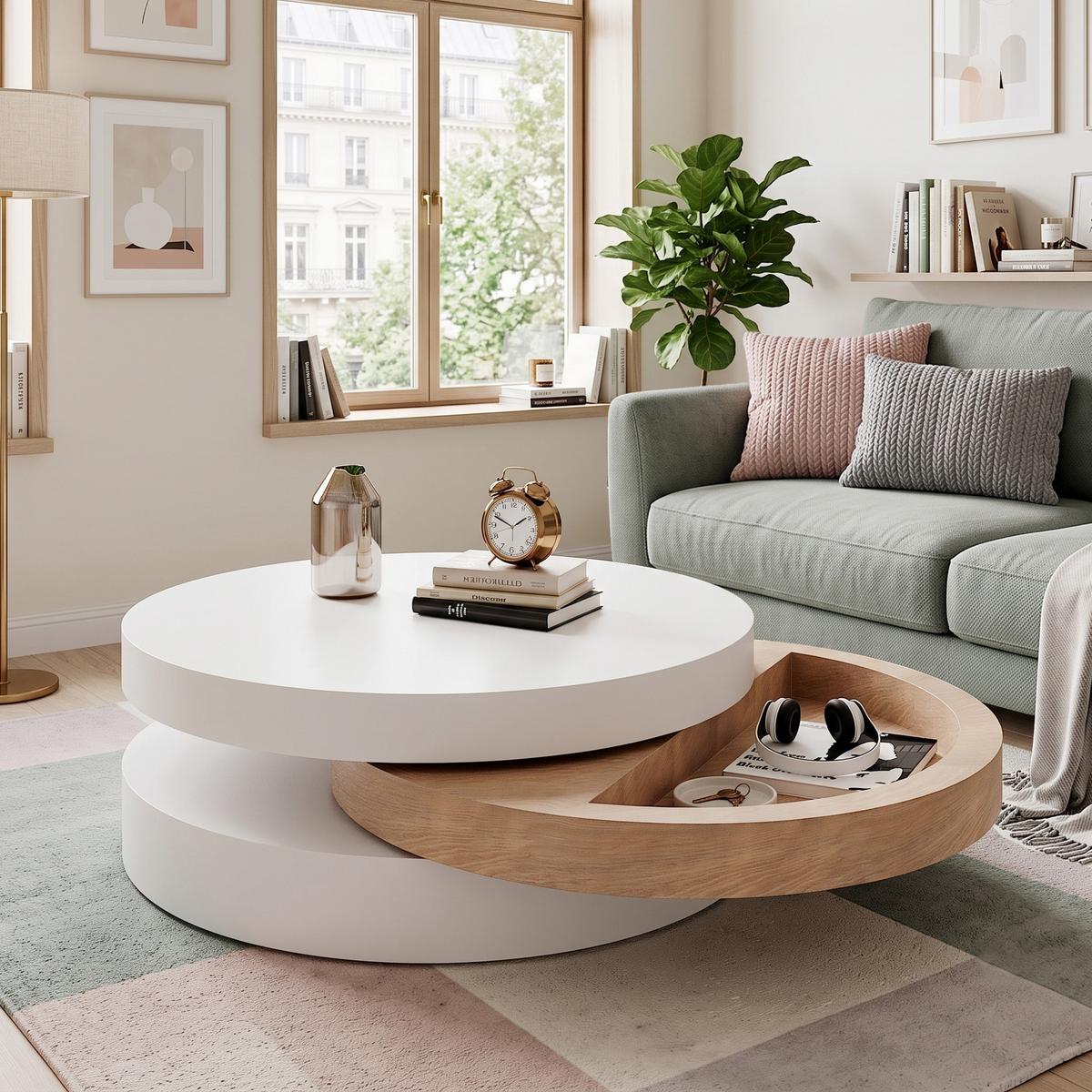 COUCHTISCH Zylindrisch Weiß & Natur 360° Drehbar mit Stauraum - Naturfarben, Holzwerkstoff (60/60/35.1cm) - Urban Meuble