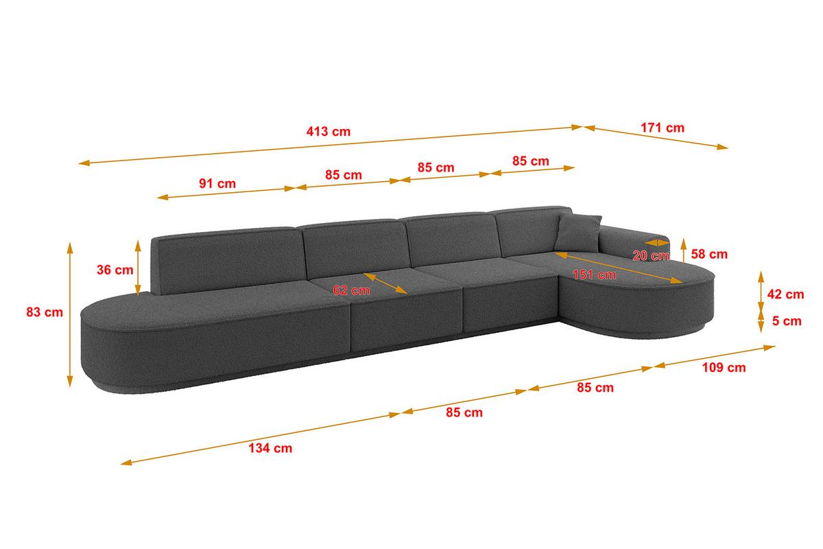 ECKSOFA Ottomane Rechts MARI-L3-v3 - 413x171x83 cm Grau Bouclé - Schwarz/Grau, Holzwerkstoff/Kunststoff (171/413cm) - ALTDECOR