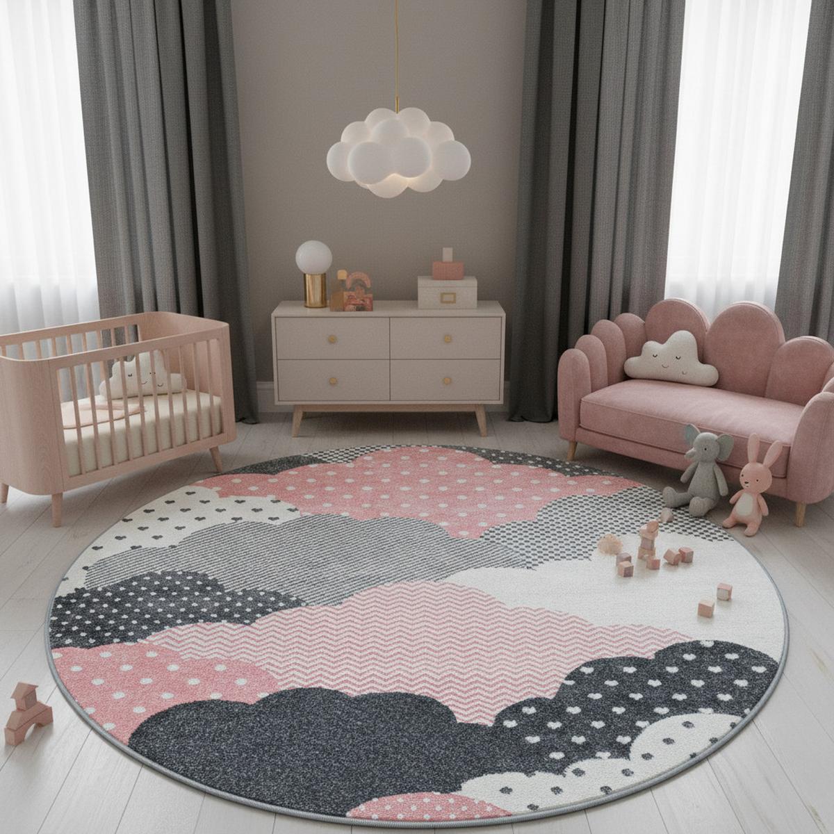 KINDERTEPPICH COGNE, mit Wolken-Motiv, Rosa, Ø 120 cm - Rosa, Textil (120/120cm) - KADIMA DESIGN