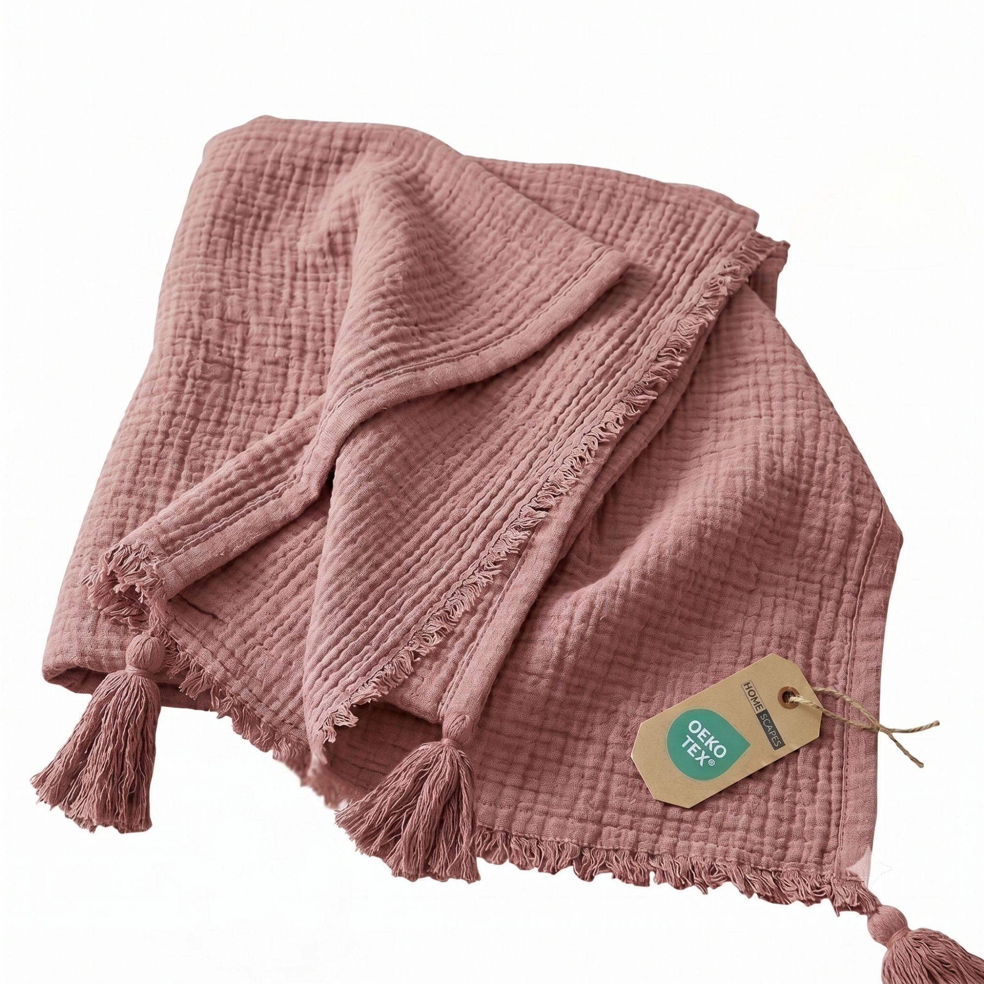 WOHNDECKE Musselin rosa mit Quasten - Rosa, Textil (127/180cm) - Homescapes