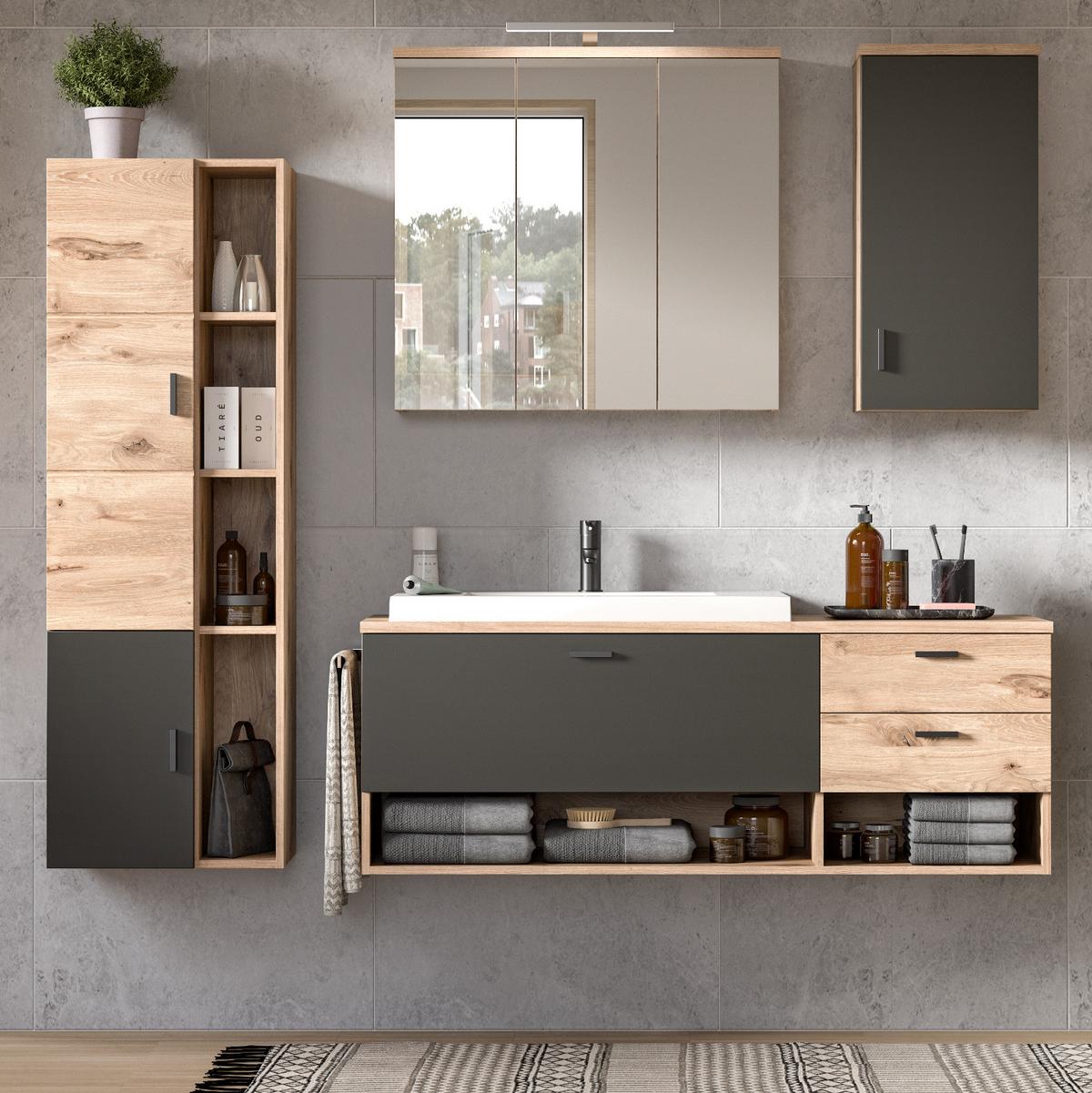 WASCHTISCH Eiche, grau matt 138 cm, Waschbeckenunterschrank mit Waschbecken - Eichefarben/Grau, Holzwerkstoff/Kunststoff (140/50/48cm) - Inn.Furn