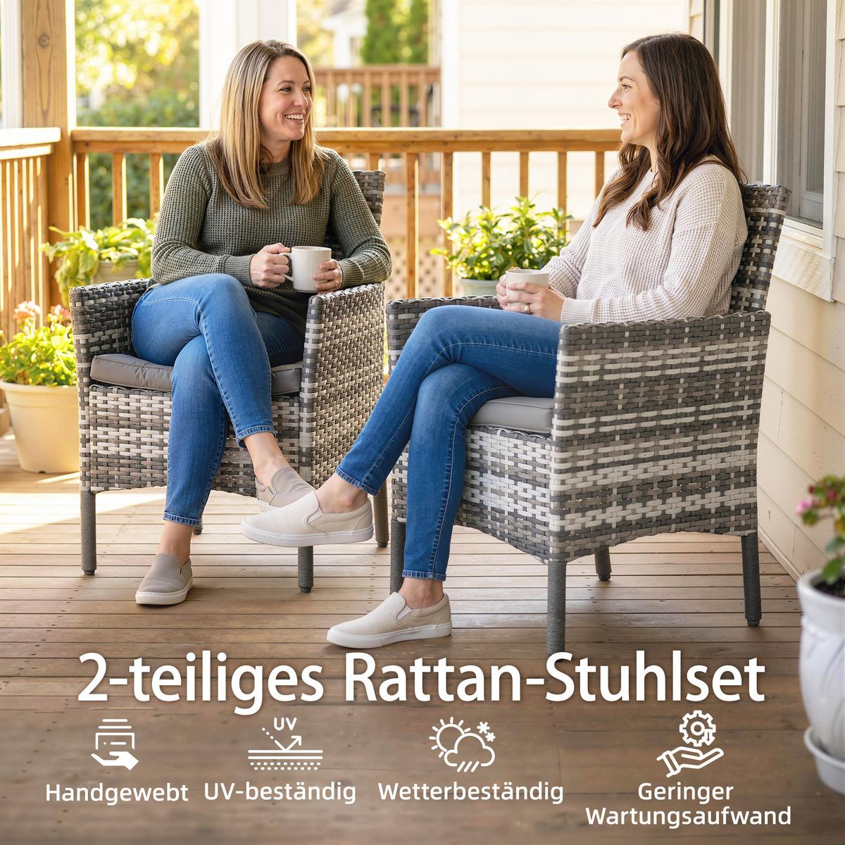 RATTANSTÜHLE 2er Set PE-Rattan Stahl Grau - Grau, Textil/Metall - Outsunny