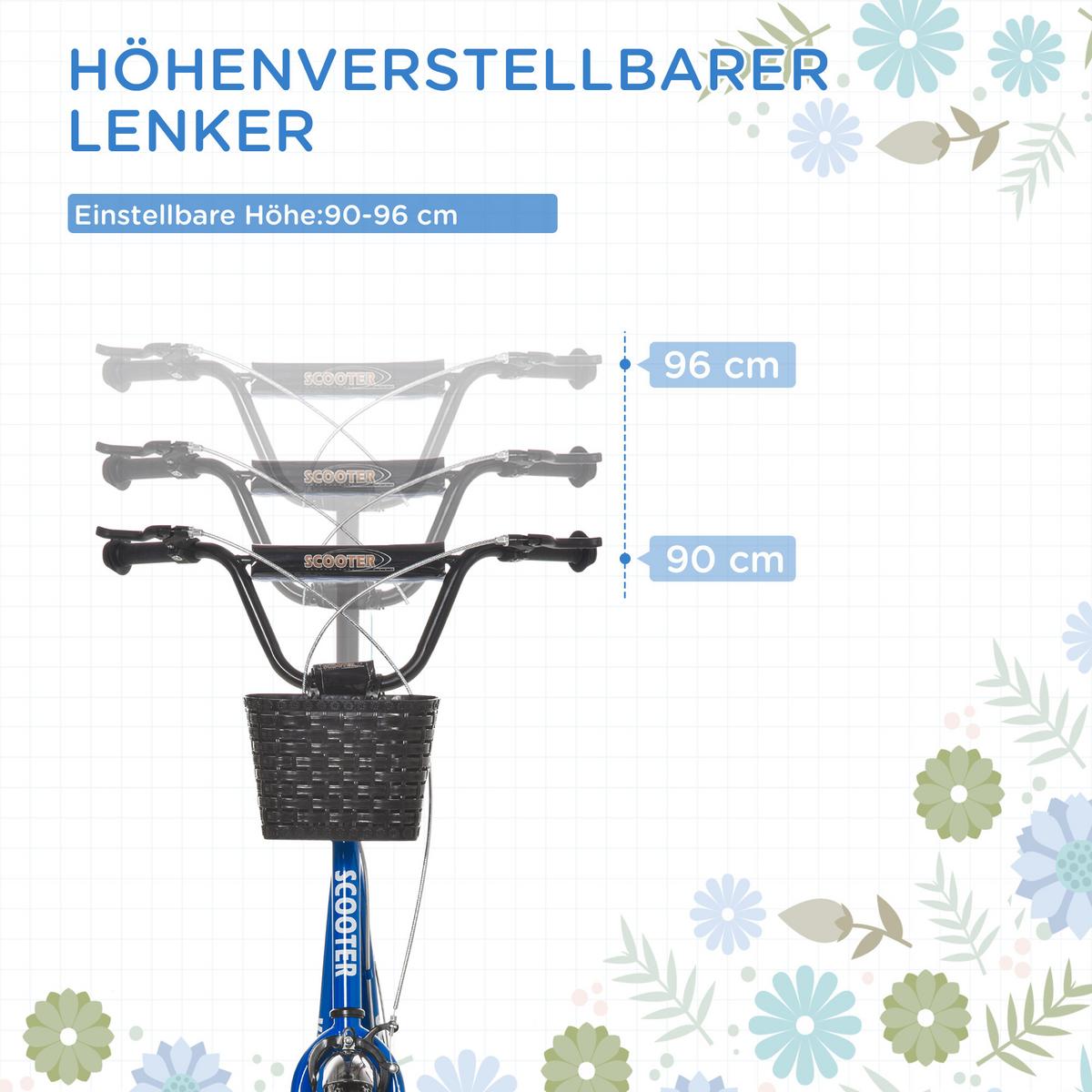KINDERROLLER Scooter Tretroller mit Bremse Korb höhenverstellbar Gummi Blau - Blau, Metall (139/58/96cm) - HOMCOM