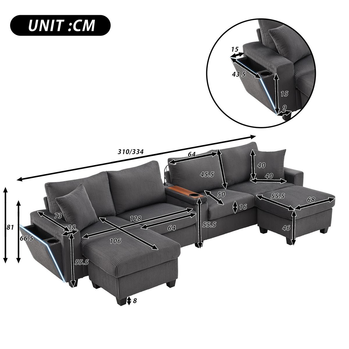 ECKSOFA aus Cord in Grau mit LED-Beleuchtung & smarten USB-Anschlüssen - Grau, Textil (128.5/334cm) - Urban Meuble
