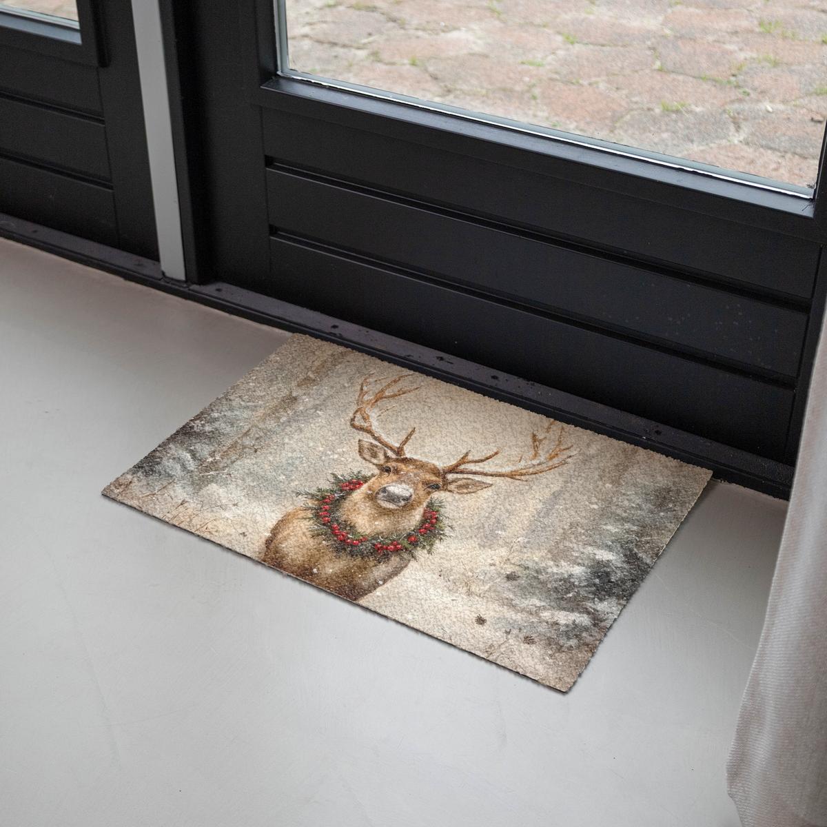 FUSSMATTE Weihnachten - Rentier - Winter - Kranz Flurteppich 60x40 cm - Braun, Kunststoff (60/0.4cm) - MuchoWow
