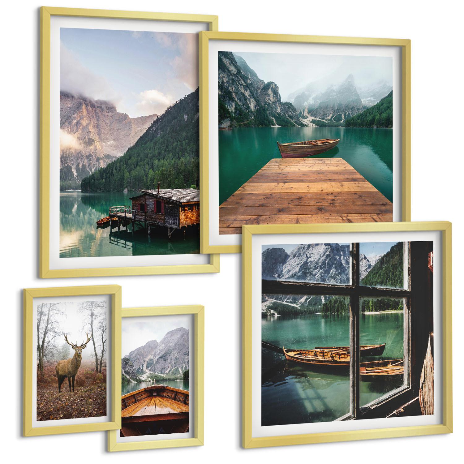 BILDER SET 5er Set - 50x50 cm & 20x30 cm & 40x60 cm Goldrahmen - Berglandschaften, Ferienhäuser, Boote - Goldfarben, Kunststoff (40/60cm) - TULUP