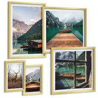 BILDER SET 5er Set - 50x50 cm & 20x30 cm & 40x60 cm Goldrahmen - Berglandschaften, Ferienhäuser, Boote - Goldfarben, Kunststoff (40/60cm) - TULUP