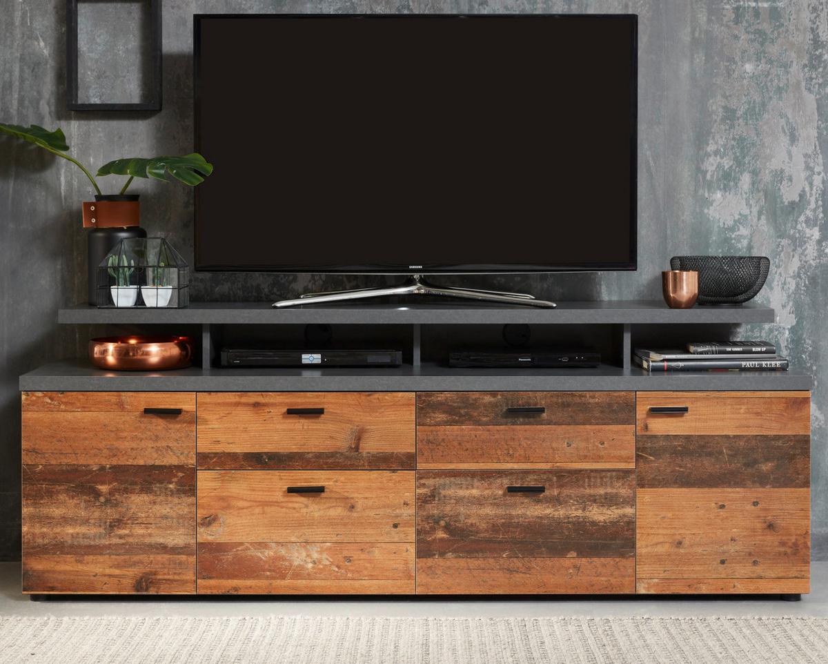 TV-LOWBOARD Old Used Wood Design mit grau Shabby 180 x 66 cm, TV Unterteil in Komforthöhe - Schwarz/Braun, Holzwerkstoff/Kunststoff (180/66/47cm) - Top.Furn