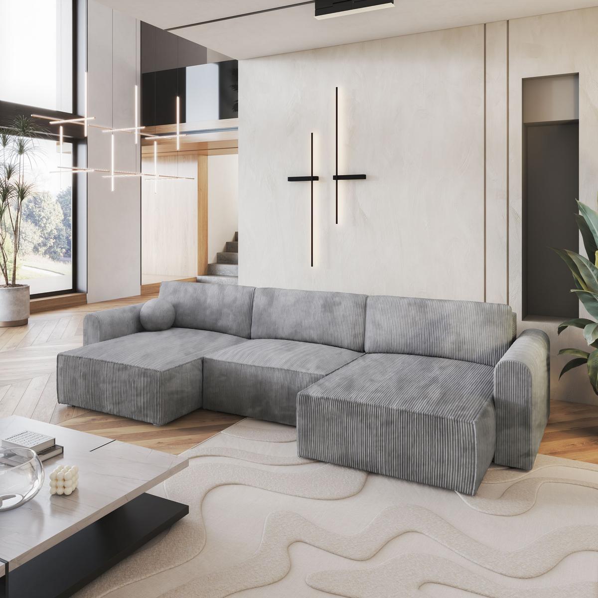 WOHNLANDSCHAFT FENTO P Hellgrau Kordstoff mit Schlaffunktion - Hellgrau/Grau, Holz/Kunststoff (347/90/148cm) - MASSENO