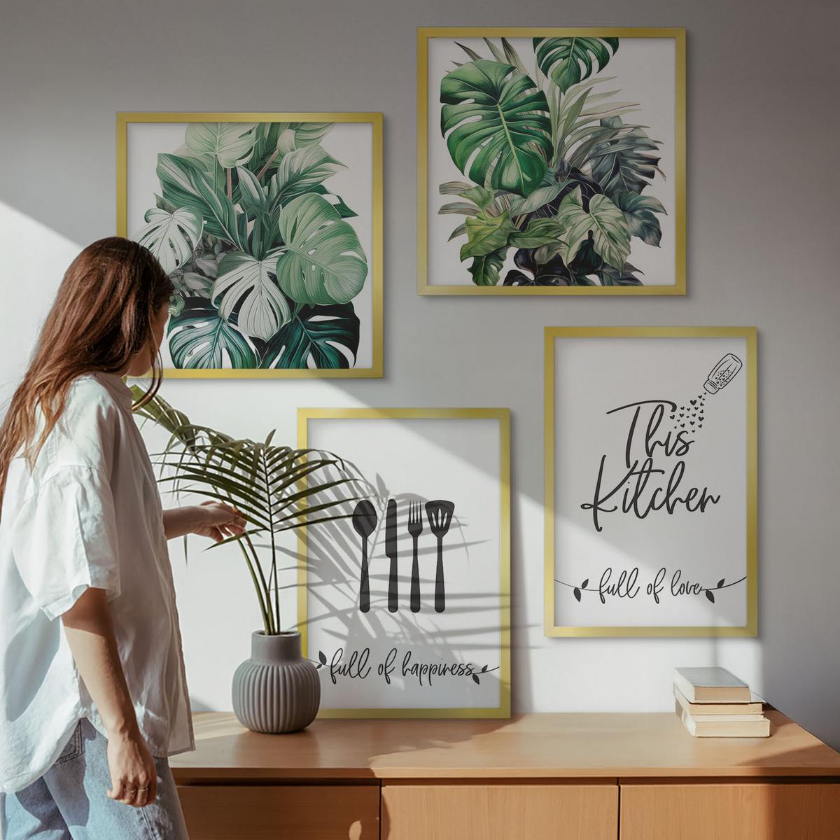 BILDER SET 4er Set - 50x50 cm & 40x60 cm Goldrahmen - Küchenutensilienmuster Blätter - Goldfarben, Kunststoff (50/50cm) - TULUP